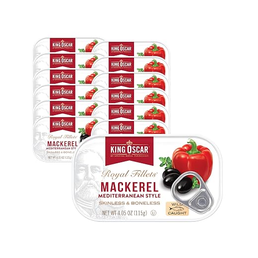 King Oscar Mackerel in Olive Oil, Mediterranean Style, 4.05 Ounce Can (Pack of 12), Skinless & Boneless, Wild Caught Canned Mackerel (Packaging May Vary)