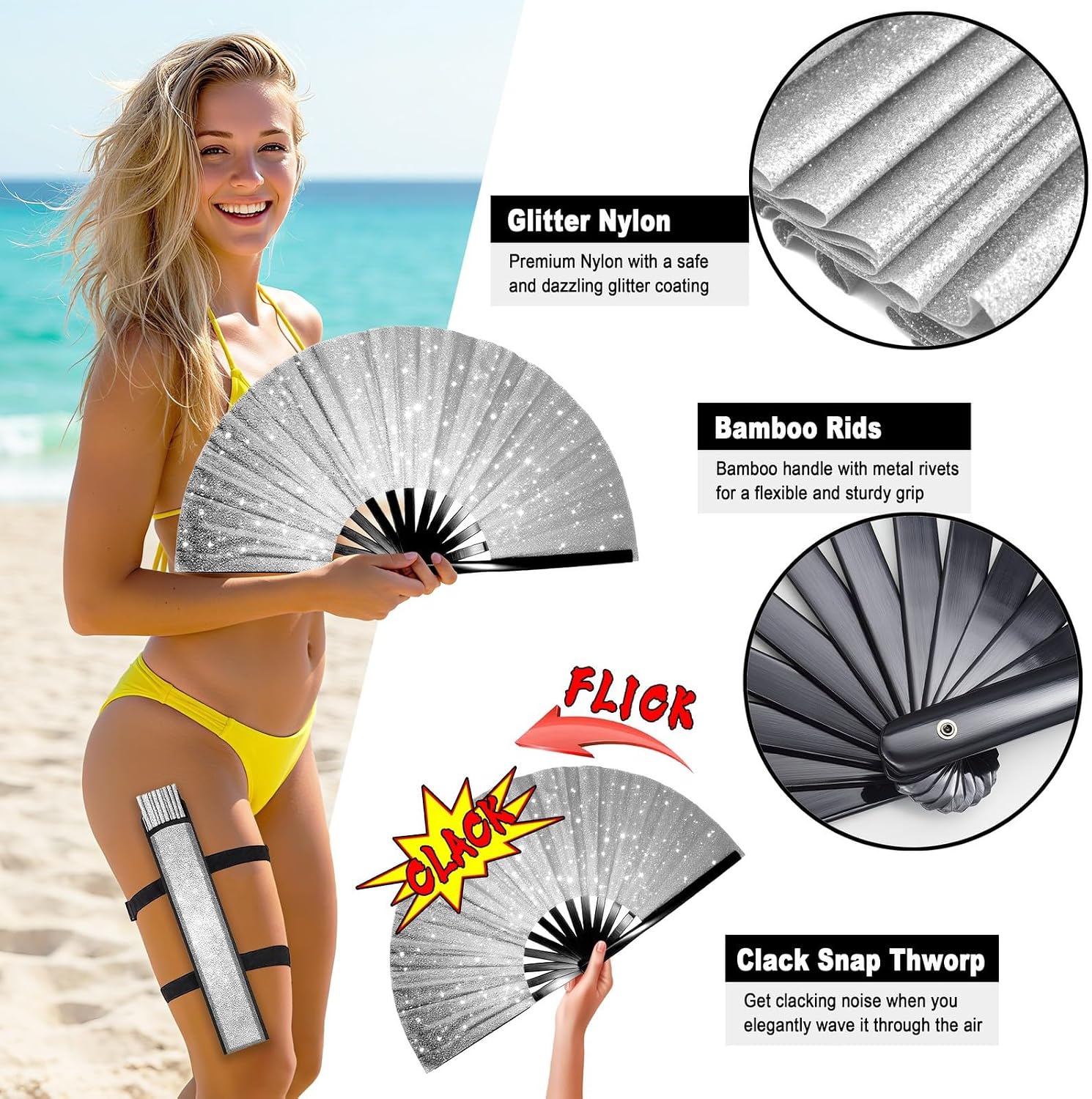 OMyTea Glitter Large Rave Clack Popping Fan for Line Dancing with Holster - 13'' Boots on The Ground Folding Hand Fan - for EDM, Music Festival, Hot Flashes, Party, Decoration (Sliver)
