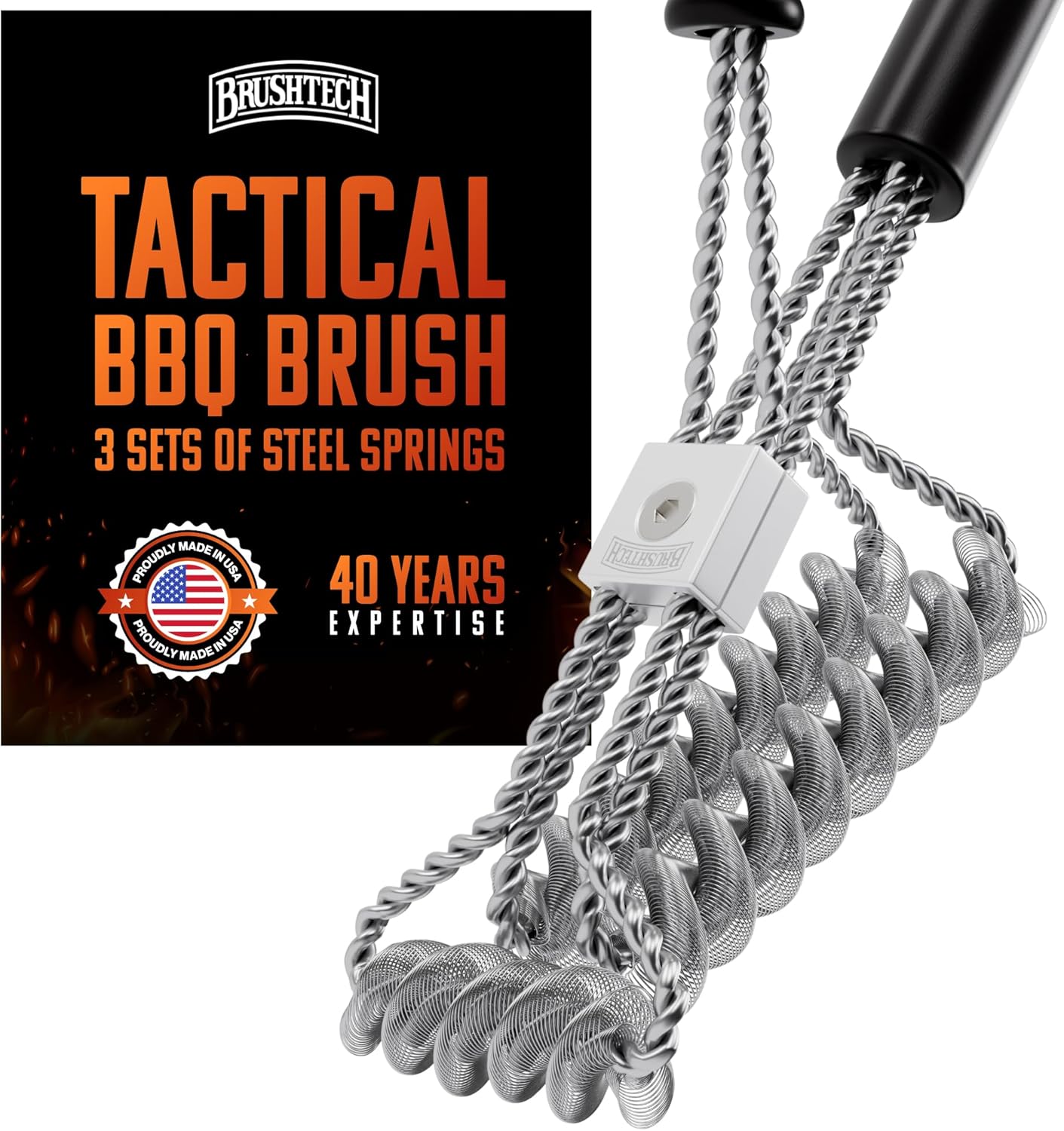 Brushtech Tactical Safety Grill Brush - Heavy-Duty BBQ Grill Cleaning Brush with Stainless Steel Springs, Large Handle for Deep Cleaning - Great, Made in USA