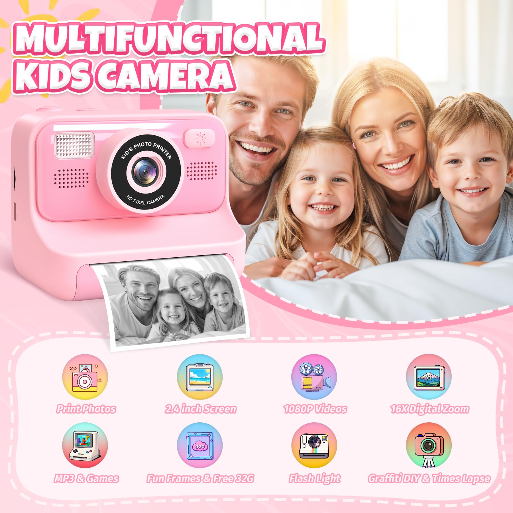 Appareil Photo Instantané Enfants, 2.4" Écran Selfie Appareil Photo instantané Enfant avec Carte de 32GB & 3 Rouleaux de Papier d'impression, Jouet Cadeau Noël Fille Garcon 3 à 12 Ans(Rose)