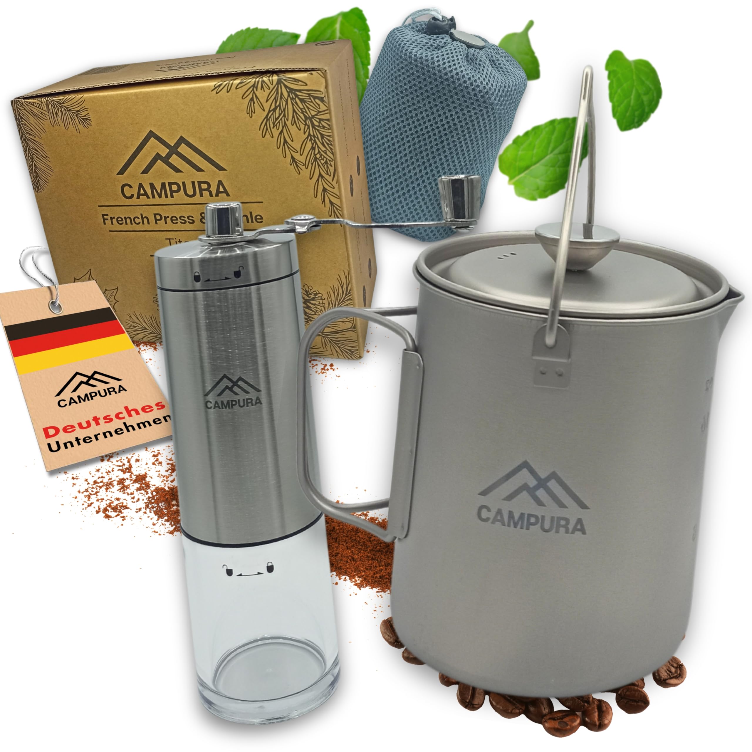 Titan French Press Topf - 750ml mit Edelstahl Hand-Kaffeemühle, Präzisionsfilter, Leicht & Kompakt - Outdoor Kaffeekocher, Camping French Press