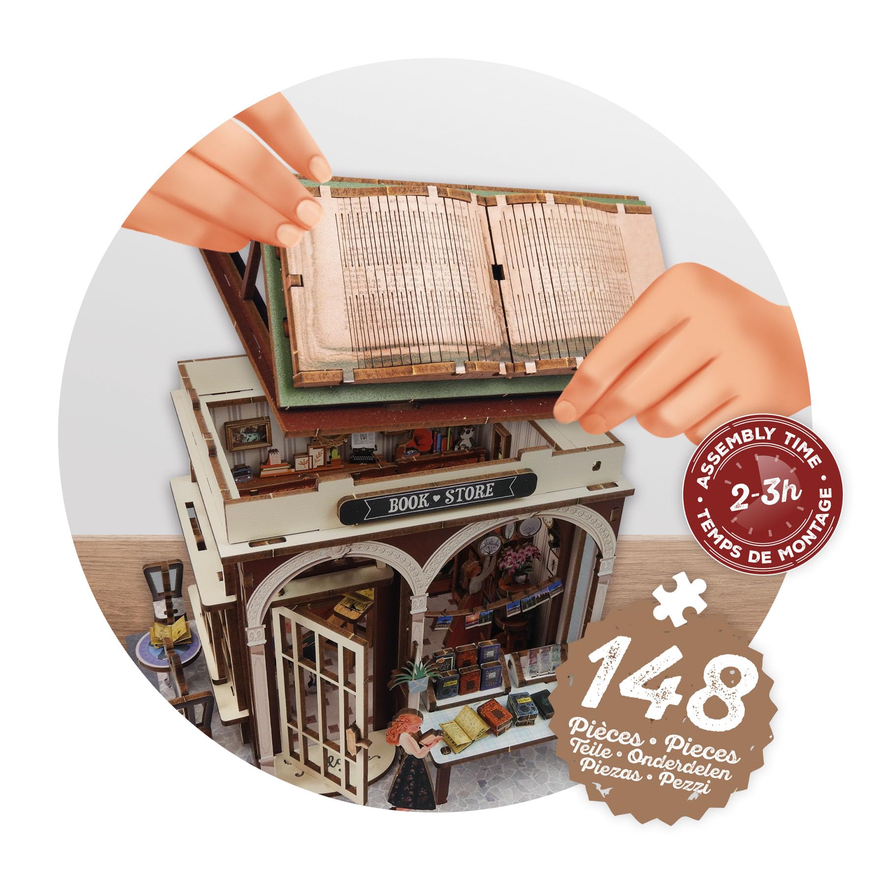 Diorama libreria - Modello di Libreria Miniatura in Legno con LED – Diorama Fai Da Te 148 Pezzi – Kit di Costruzione per Decorazione della Camera – Da 10 Anni – 14,5 x 16 x 18 cm - BUKI Francia