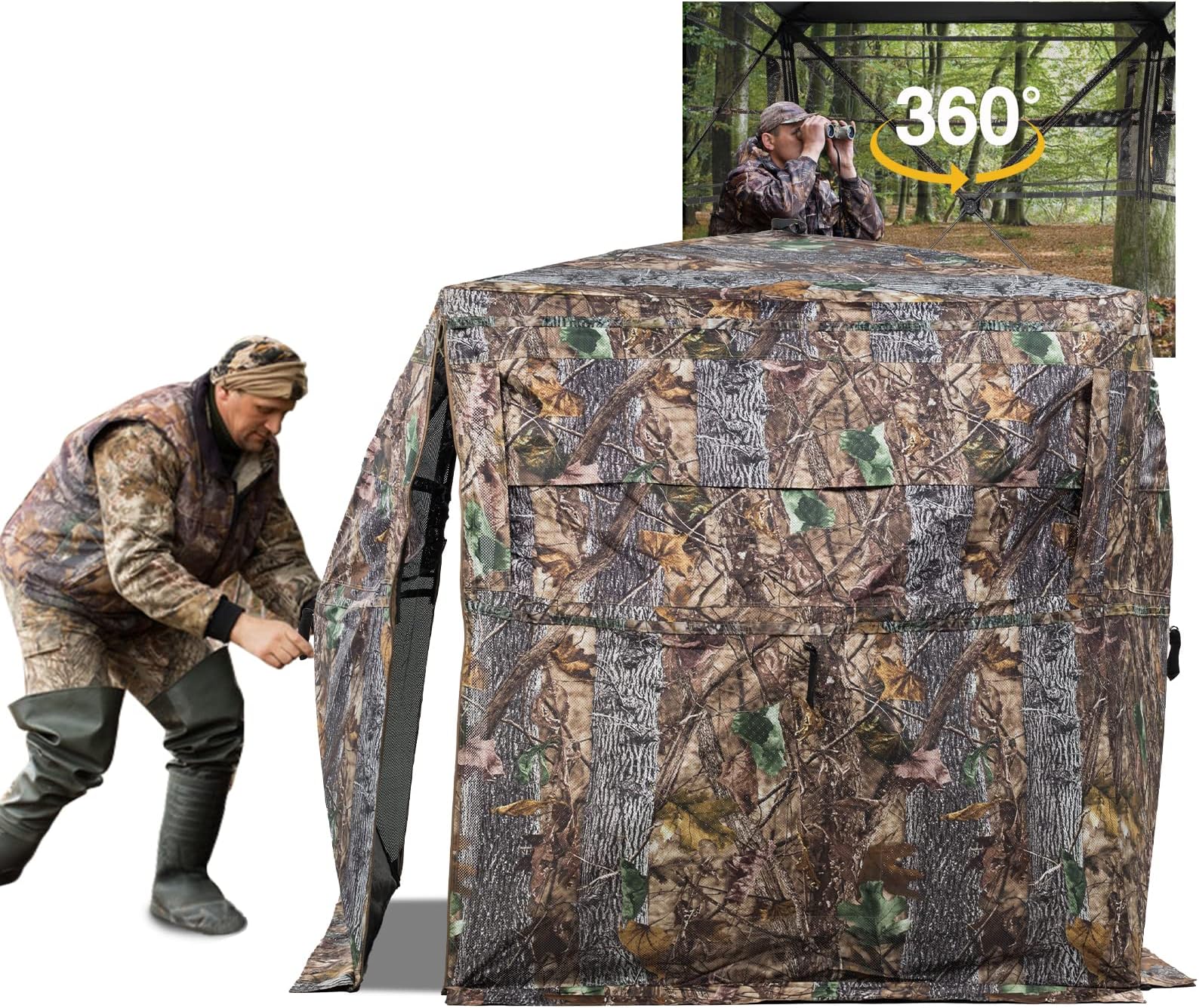 FUNHORUN Hunting Blind 360 Degree See Through Ground Blind for Deer Hunting, 2/3 Person Pop Up Camouflage Tent for Deer and Turkey, Portable Concealed Shelter with Carrying Bag