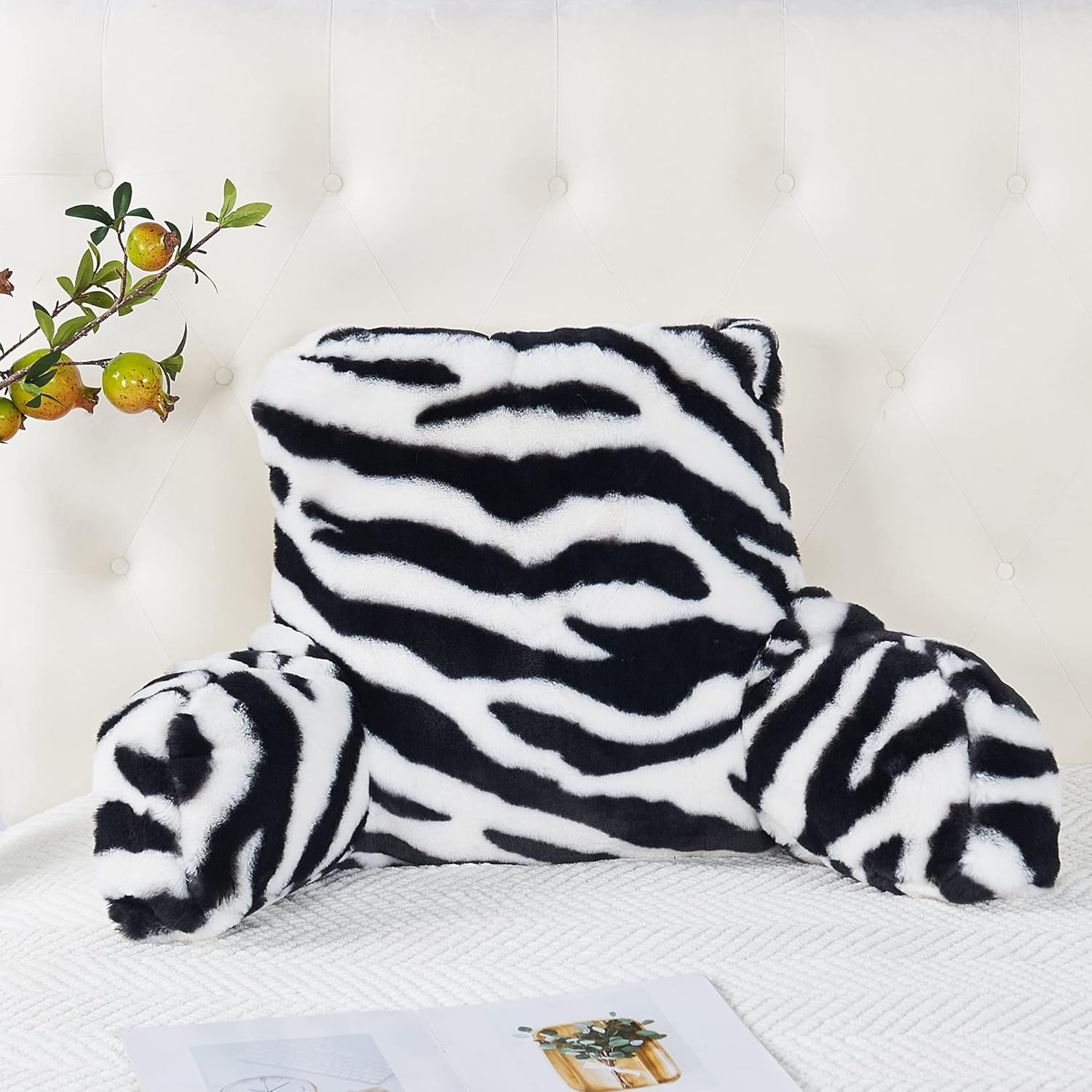 Animal Printed Assembly Needed Backrest Reading Bed Rest Pillow with Arms and Pockets for Sitting in Bed Couch Sofa, Removable Cover and Filling Seprated Set, 20" x 18" x 17", Zebra