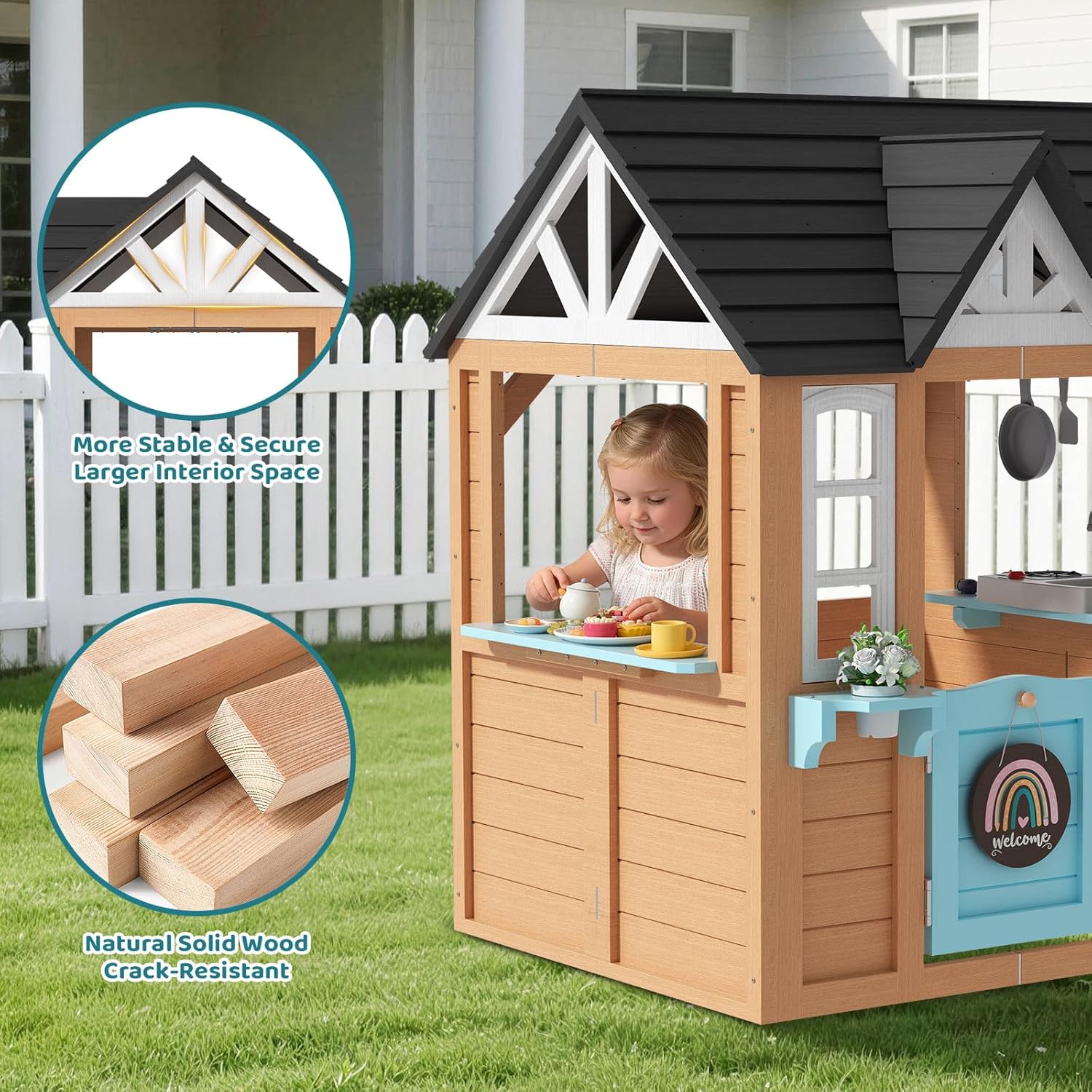 BIERUM Outdoor Playhouse for Kids - Wooden Kid Play House with Play Kitchen, Birdhouse, Flowerpot Holders and Mud Molds, Premium Wood Kids Cottage for Ages 3-8, Backyard Pretend Play, Blue & Brown
