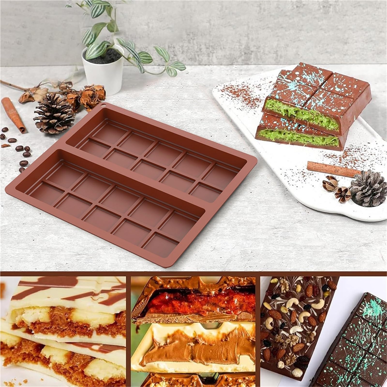 Molde de silicona for chocolate (2/4 unidades, 20 cavidades), antiadherente, rectangular, for galletas y Utensilios repostería for el hogar Para Repostería Y Postres(Brown4pcs)