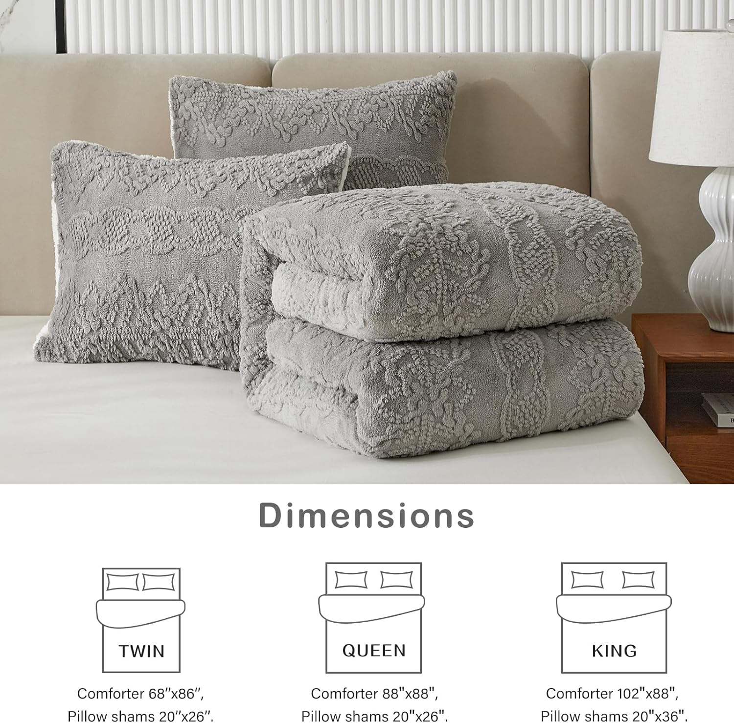Luxury Flannel Fleece Sherpa Comforter Set Full/Queen Size, Jacquard Boho Stripes Down Alternative Comforter Grey, 3 Pieces Ultra Soft and Warm Bedding Set for Winter (1 Comforter + 2 Pillowcases) - Image 7
