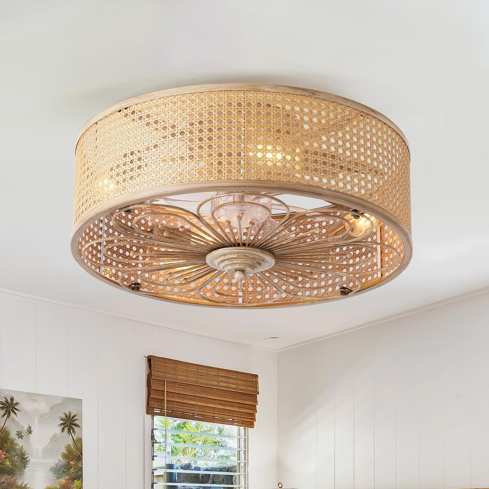 Amazon.com: SHIHOT Boho Caged Ceiling Fan with Light Flush Mount, 20 Inch Farmhouse Rattan ...