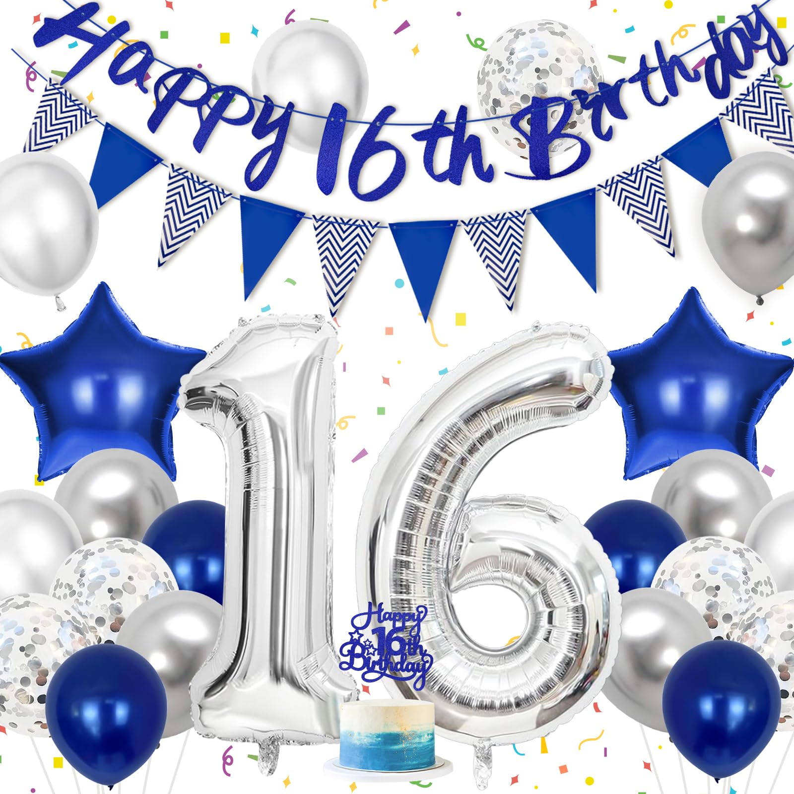 Hierein 16 Geburtstag Junge, Blau Silber Luftballons 16. Geburtstag Deko | 16 Jahre Geburtstagsbanner Wimpelkette, Folienballon, Birthday Ballon, Geburtstagsdeko Jungen für Party Deko