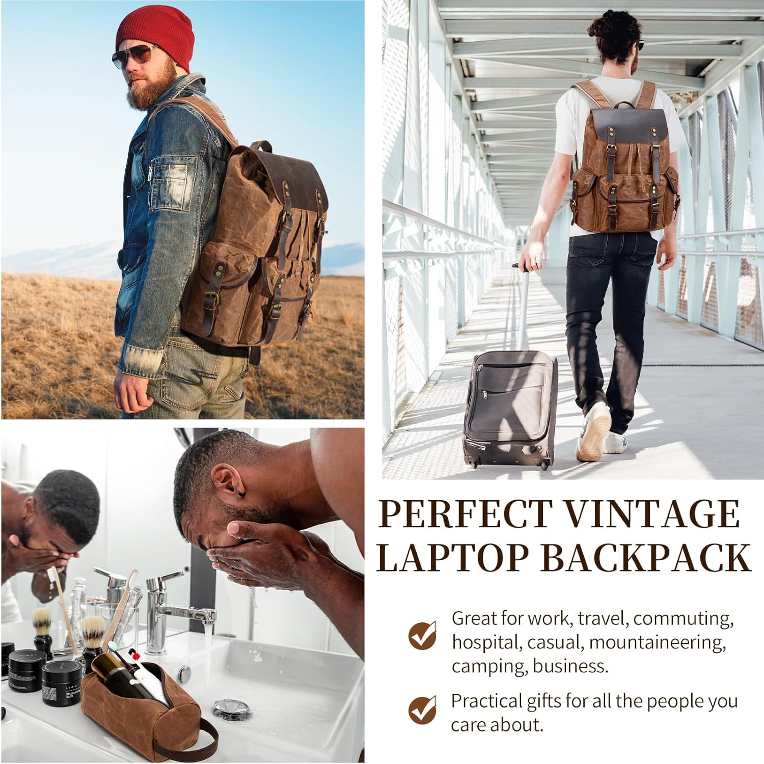 Wogarl Vintage Leather Canvas Backpack, Waxed Canvas Shoulder Rucksack with Toiletry Shoulder Rucksack for Traveling, Camping, Hiking,Business College Fits 17inch Laptop,Coffee