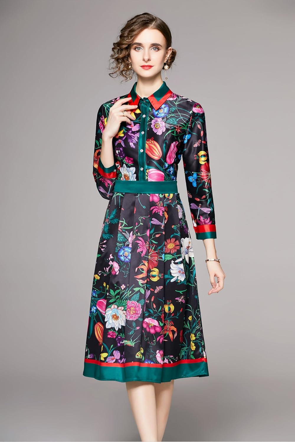 LAI MENG FIVE CATS Women's 3/4 Sleeve Floral Print Button up Casual A-line Flowy Midi Dress - Image 5