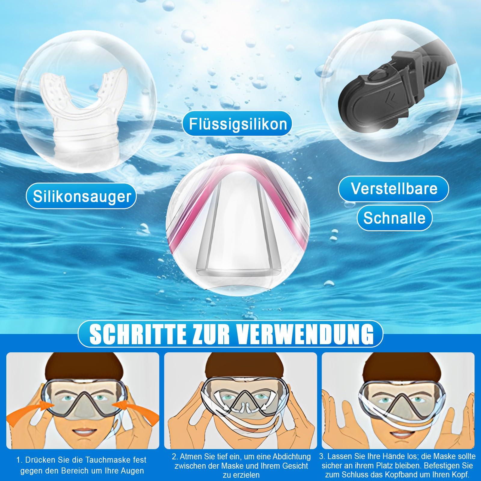 Set da snorkeling, occhiali da sub con boccaglio, maschera subacquea in silicone, set da snorkeling, occhiali da nuoto elastici regolabili, maschera da snorkeling rosa