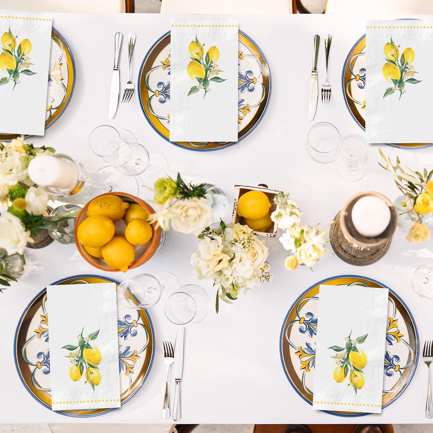 FYSUIMU 100 Pcs Lemon Guest Napkins Watercolor Yellow Lemon Flower Disposable Napkins Citrus Fruit Dinner Paper Hand Towels for Bathroom Summer Birthday Party Table Supplies