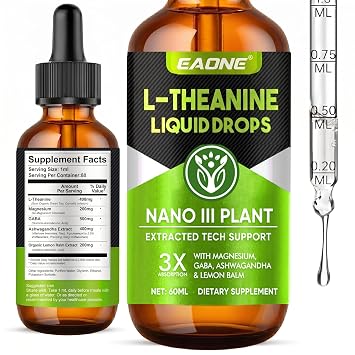 EAONE L-Theanine Liquid Drops, 400mg L Theanine Supplement with GABA, Magnesium and Ashwagandha, Natural Focus and Relaxation Support, Supplement Calm & Mental Clarity, Non-GMO, Vegan, 2 Fl Oz