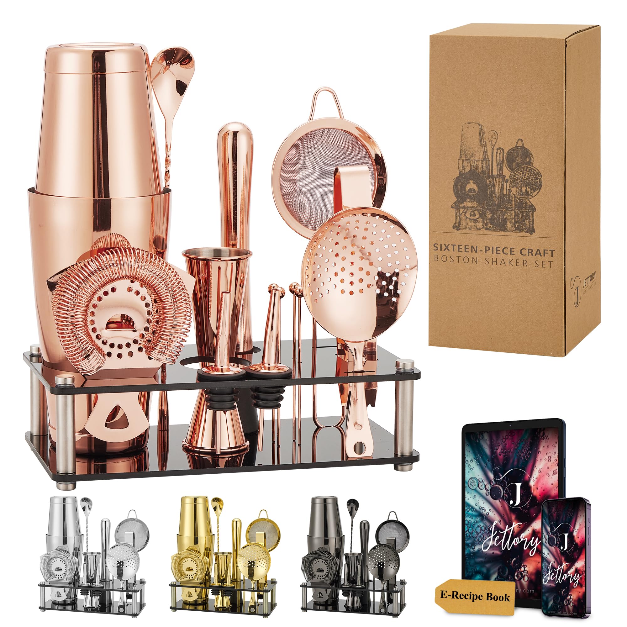 Set Shaker Boston 16 Pièces - Kit Barman en Acier Inoxydable 304 avec Support Acrylique, Passoire, Cuillère, Jigger, Pilon, Pince à Glace, Verseurs et Picks à Cocktail (Or Rose)