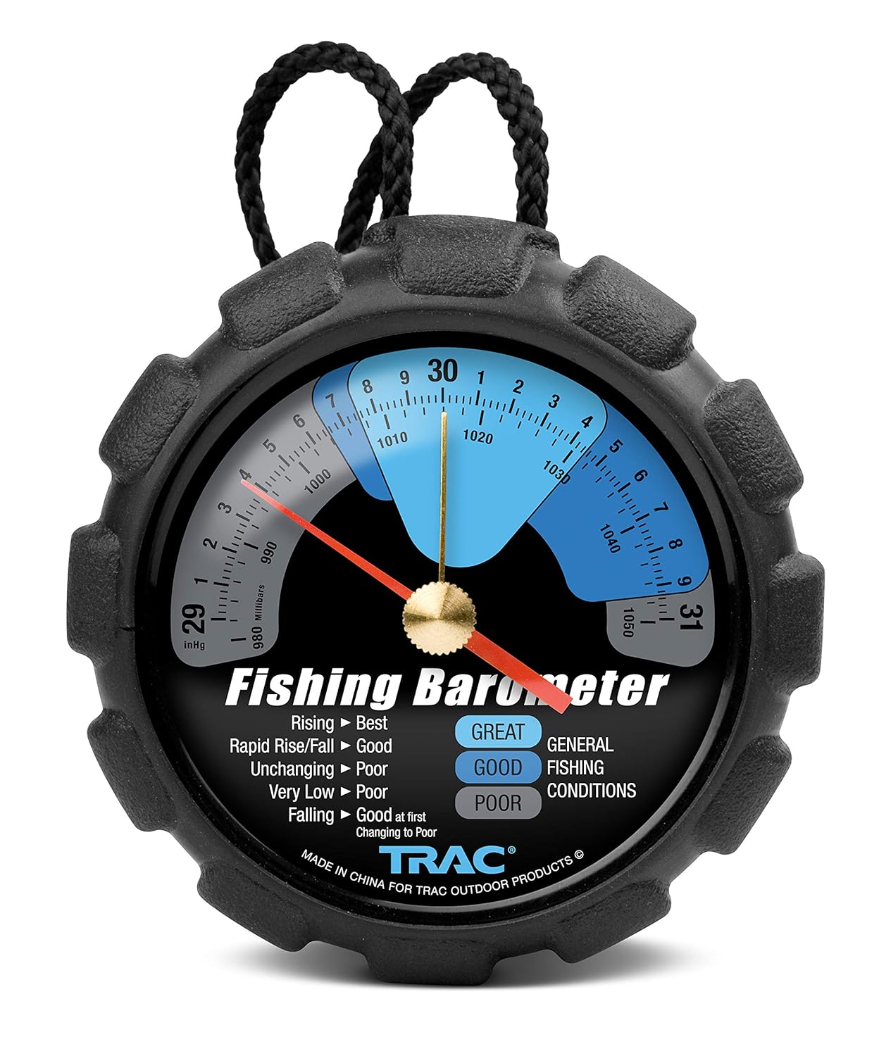Camco TRAC Outdoors Fishing Barometer | Features an Adjustable Pressure Change Indicator with Reference Marker & Color-Coded Dial | Easily Calibrates to Local Barometric Pressure (69200)