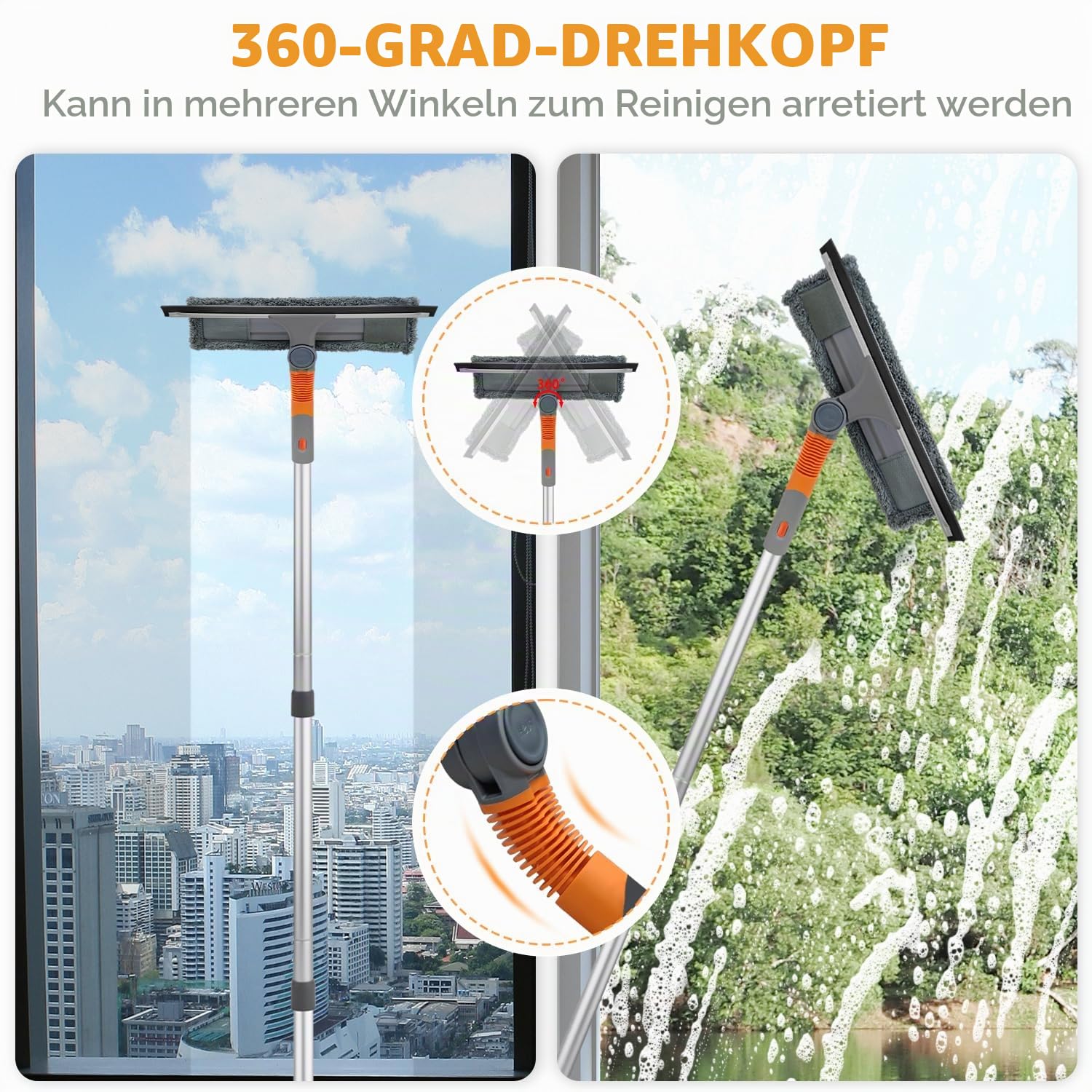 Tendak Fensterwischer mit Teleskopstiel, 3 in 1 Professioneller Fensterabzieher Teleskop Fensterputzer von 23cm bis 200cm Fensterreiniger Glasreiniger für Hohe Fenster im Innen und Außen Dusche Glas