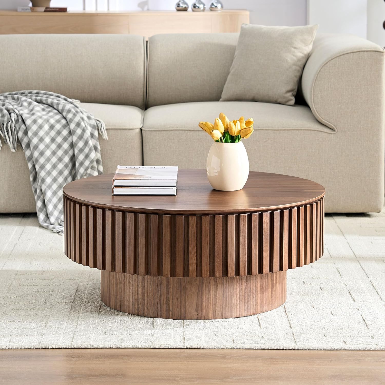 Round Coffee Table with Storage, Modern Wooden Coffee Table with Solid Wood Veneered, Circle Center Table Accent Tea Table for Living Room Apartment Small Space 31.5''W × 13.77''H, Walnut