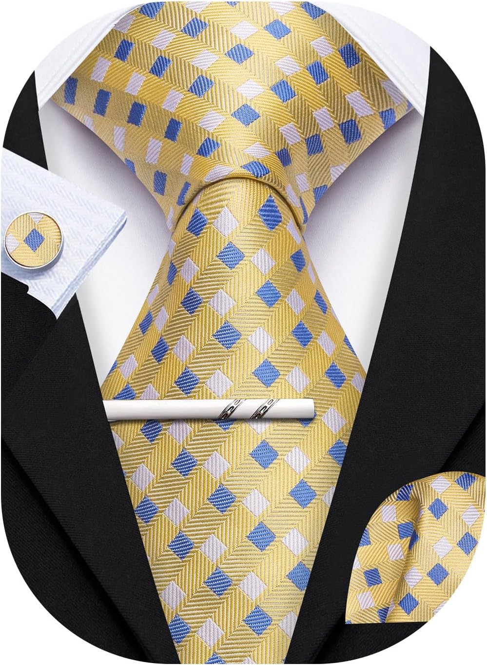 YOHOWA Men Plaid/Striped Ties Set Silk Business Wedding Formal Fashion Necktie and Pocket Square Cufflinks Set