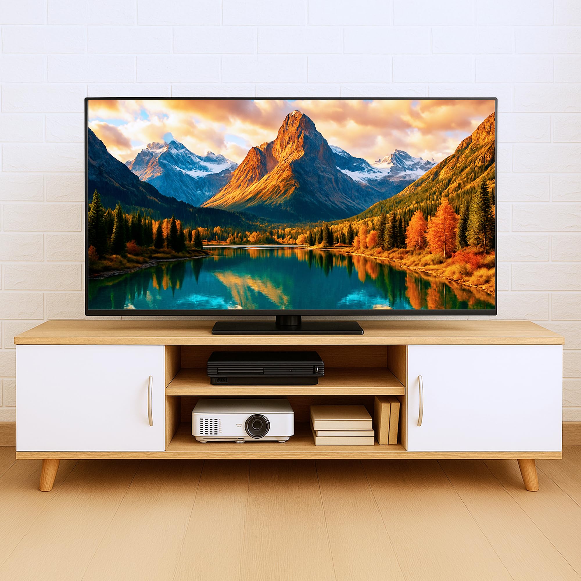 Szafka pod telewizor 120 cm do nowoczesnego salonu, kolor dębowy i biały, stół telewizyjny do 55 cali ze schowkiem, półka i dwoje drzwi, solidna i elegancka biała szafka pod meble, nogi z litego