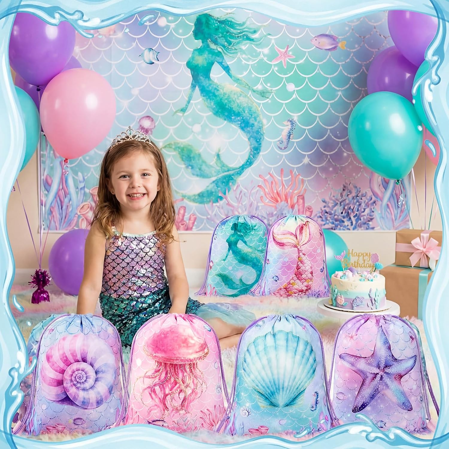 Honeydak 12 Pcs Mermaid Drawstring Backpack Bulk Large Mermaid Ocean Party Favor Bags for Girls Undersea Birthday Party Supplies