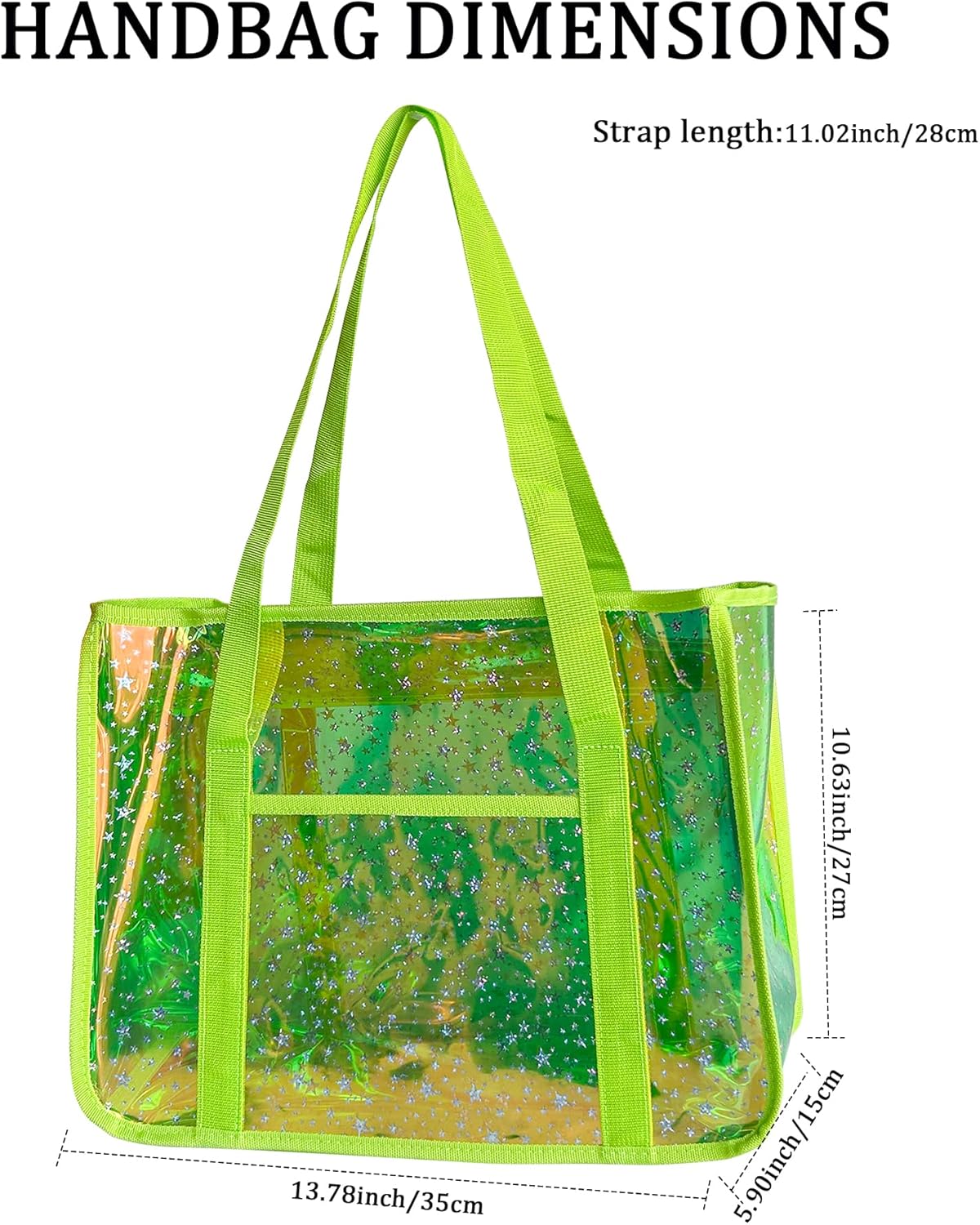 Star-Print Holographic Beach Bag - Waterproof Iridescent PVC Tote for Women, Stadium Approved Clear Tote for Travel (Green+Star) | Holographic