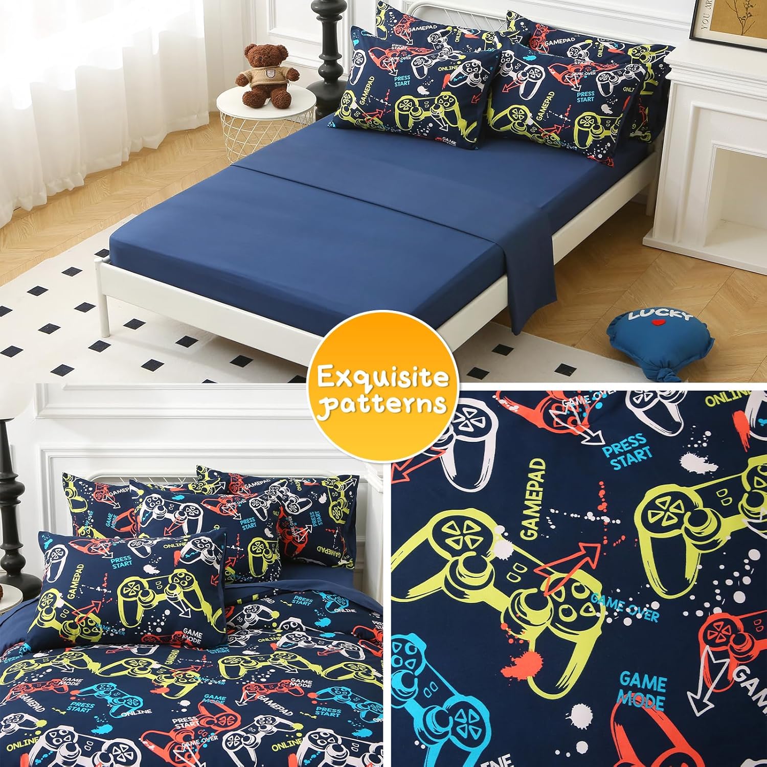 Glow in The Dark Kids Comforter Set, 4 Pieces Gamepad Pattern Bedding Set Full Size for Boys Girls Teen, 1 Comforter, 1 Pillowcase, 2 Pillow Shams - Image 9