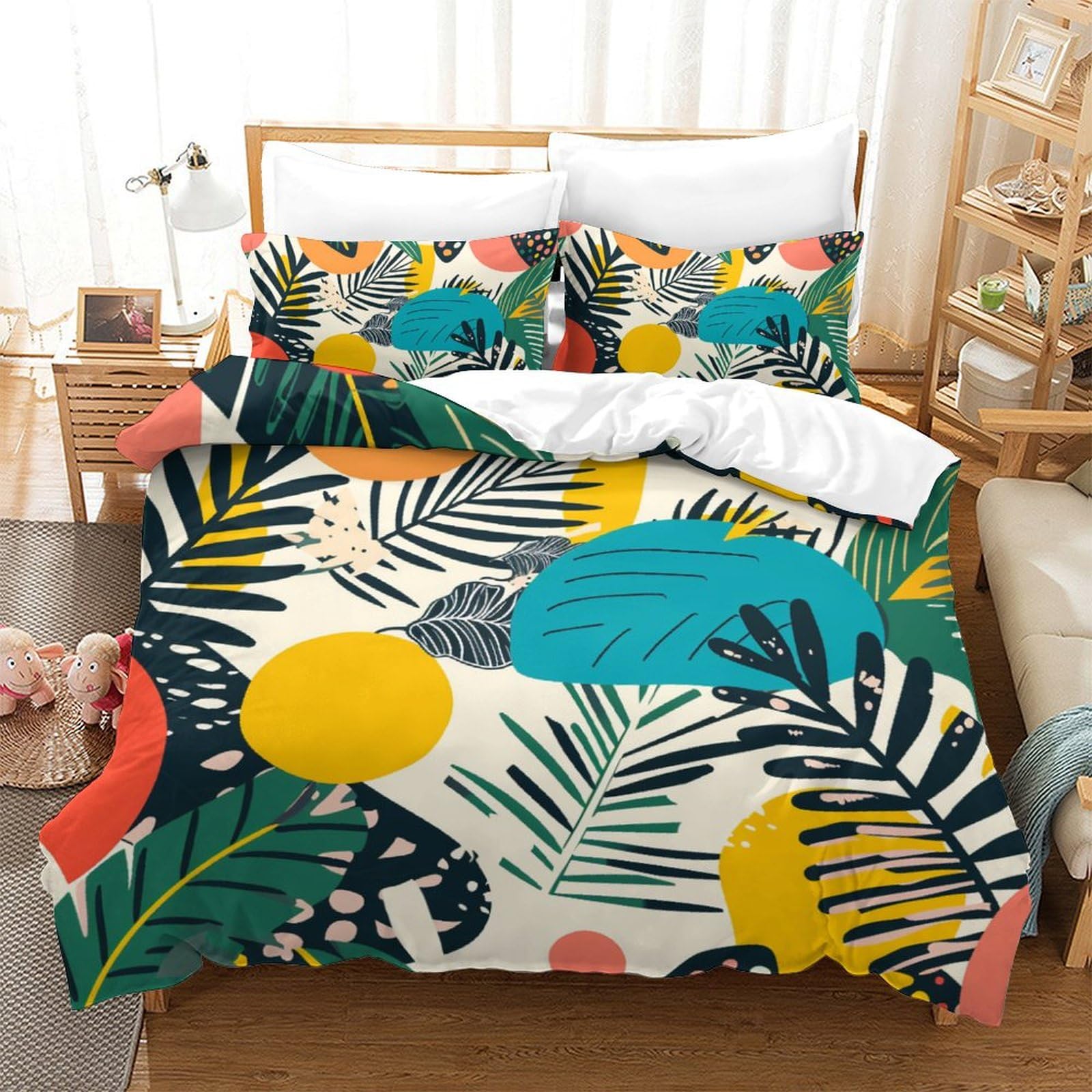 Housse de couette double 200x200cm Les Feuilles avec 2 taies d'oreiller zippées pour lit adulte