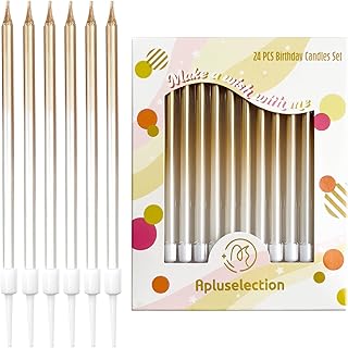 24-Count Gradient Gold Birthday Candles, Long Thin Cake Candles for Wedding, Celebration, Birthday Party