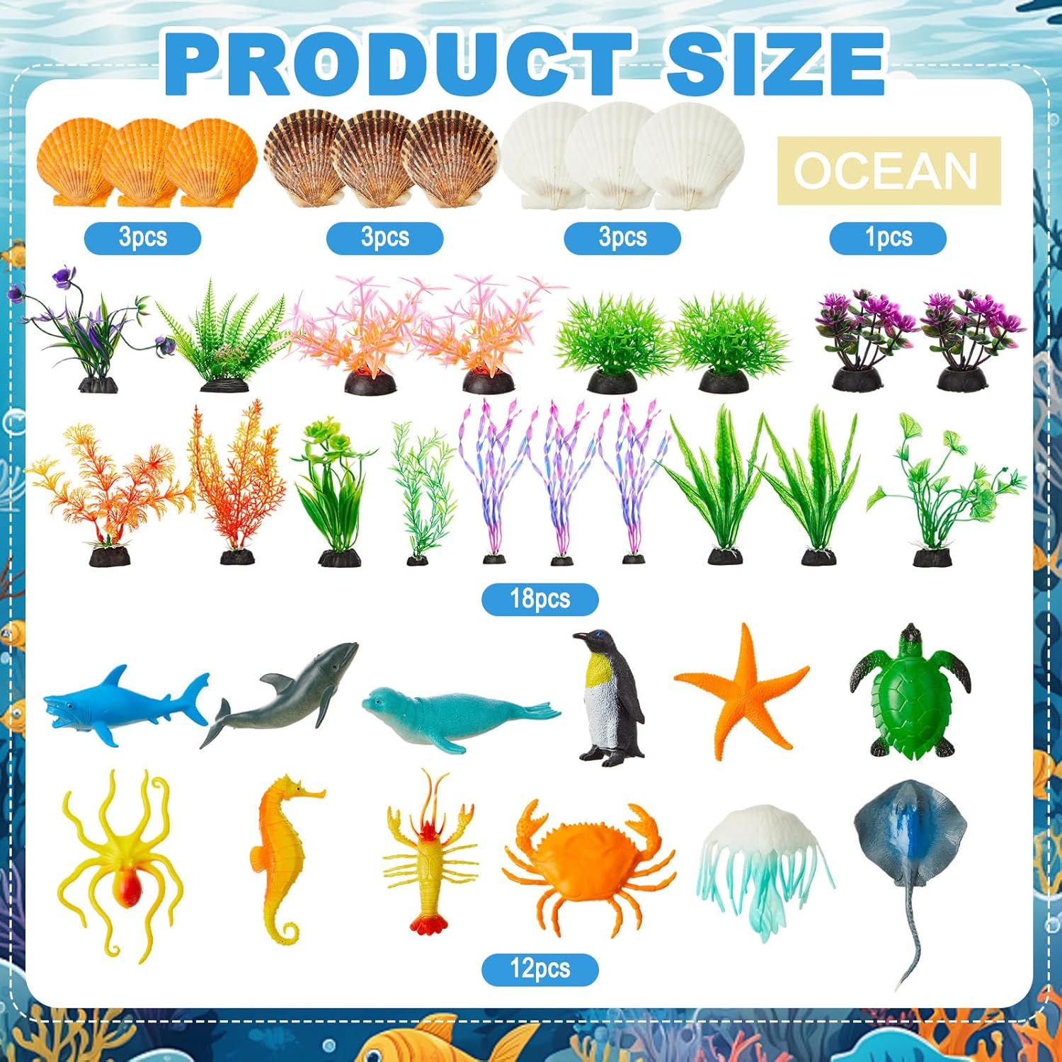 AmazingSpark 46 Pcs Ocean Diorama Kit Habitat Project Supplies Under The Sea Animals Figures Shark Fish Figures Artificial Coral Sea Grass with Diorama Box for Gifts Birthday Party Decorations(Ocean)