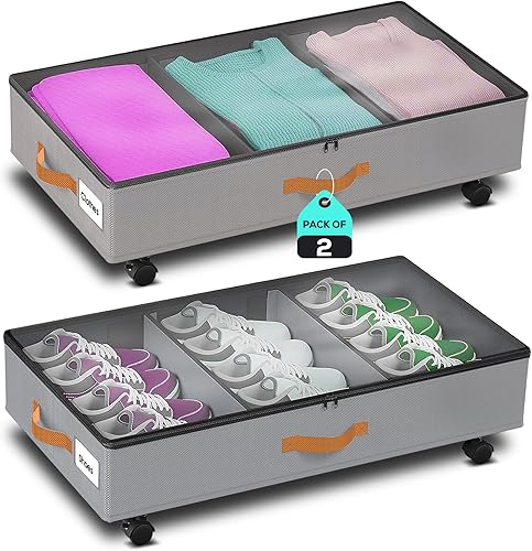 Almacenamiento debajo de la cama con ruedas, paquete de 2 (36 litros cada uno), organizador de almacenamiento XXL de perfil bajo con ventana