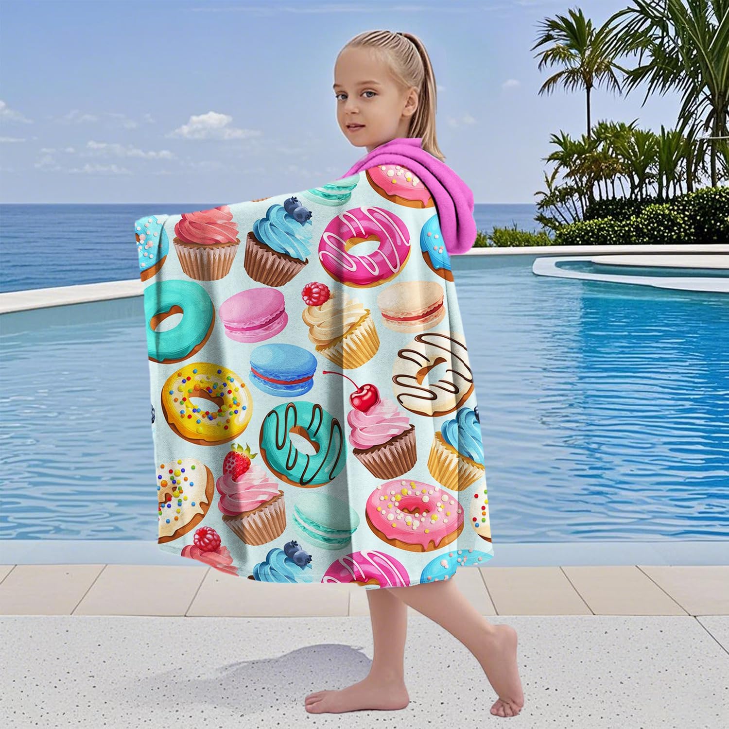 Donuts Hooded Beach Towel for Girls, 35" x 60" Cupcakes Kids Poncho Bath Towel for Toddler, Pink & Light Blue Soft Absorbent with Hood for 3-10 Years Bathrobe for Swimming Pool Bath