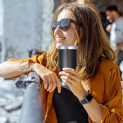 Vista 5 de Vaso de acero inoxidable de 20 onzas con asa a granel con aislamiento de metal a granel, taza de café de viaje con asa, vaso de doble pared con tapa