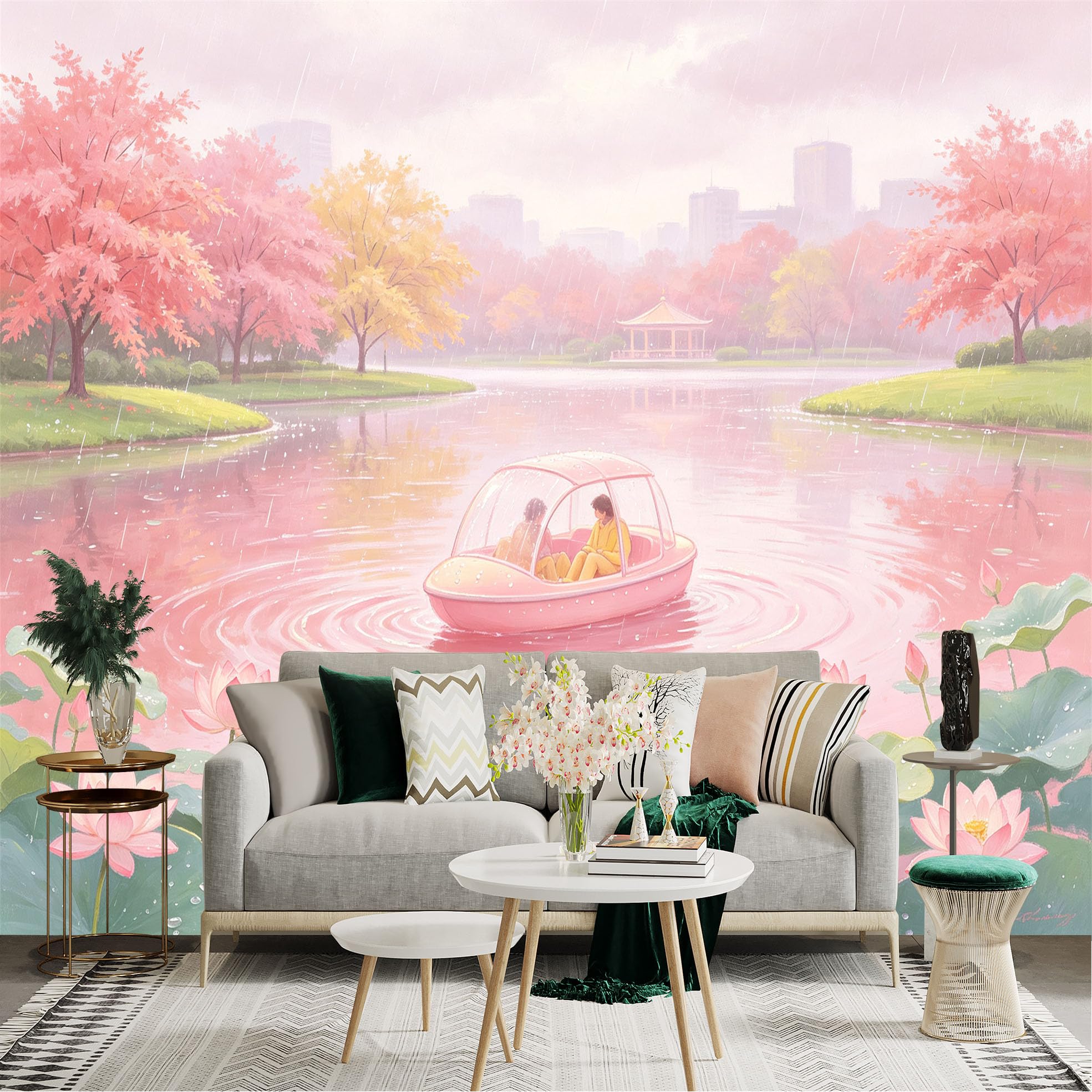 Custom Size Wall Sticker Mural， Pink Aesthetic Lake with Lotus Flowers， Rainy Cherry Blossom Park， Romantic Boat Scene， for wall Decoration， peelandstick wall Decals.