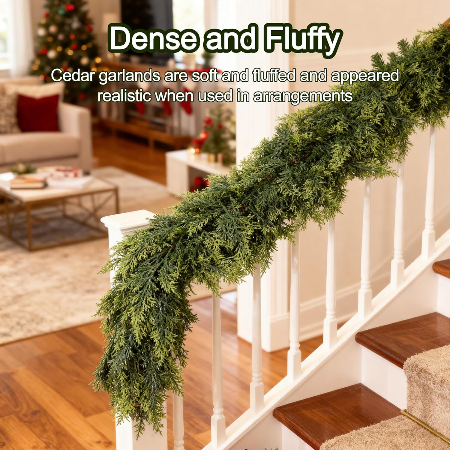 9ft Real Touch Cedar Garland Artificial Realistic Christmas Greenery Pine Garland with 225 Cedar Branches for Mantle, Fireplace, Table, Stairs, Doorframe, Window, Outdoor Indoor Xmas Decor - Image 2