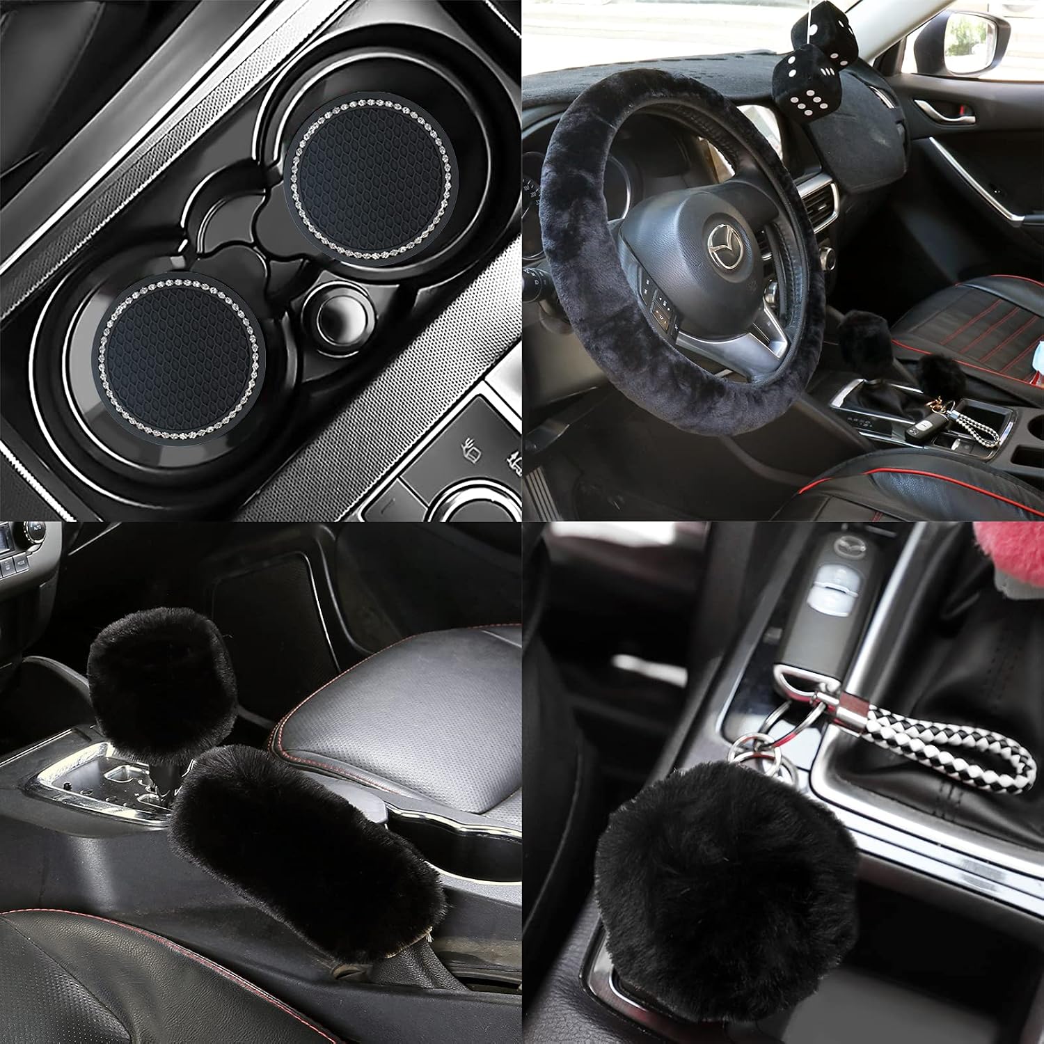 SUBANG 1 Set 9 Pieces Fluffy Steering Wheel Covers Soft Fur Fuzzy Steering Wheel Covers for Women and Girls 15 Inch, Black