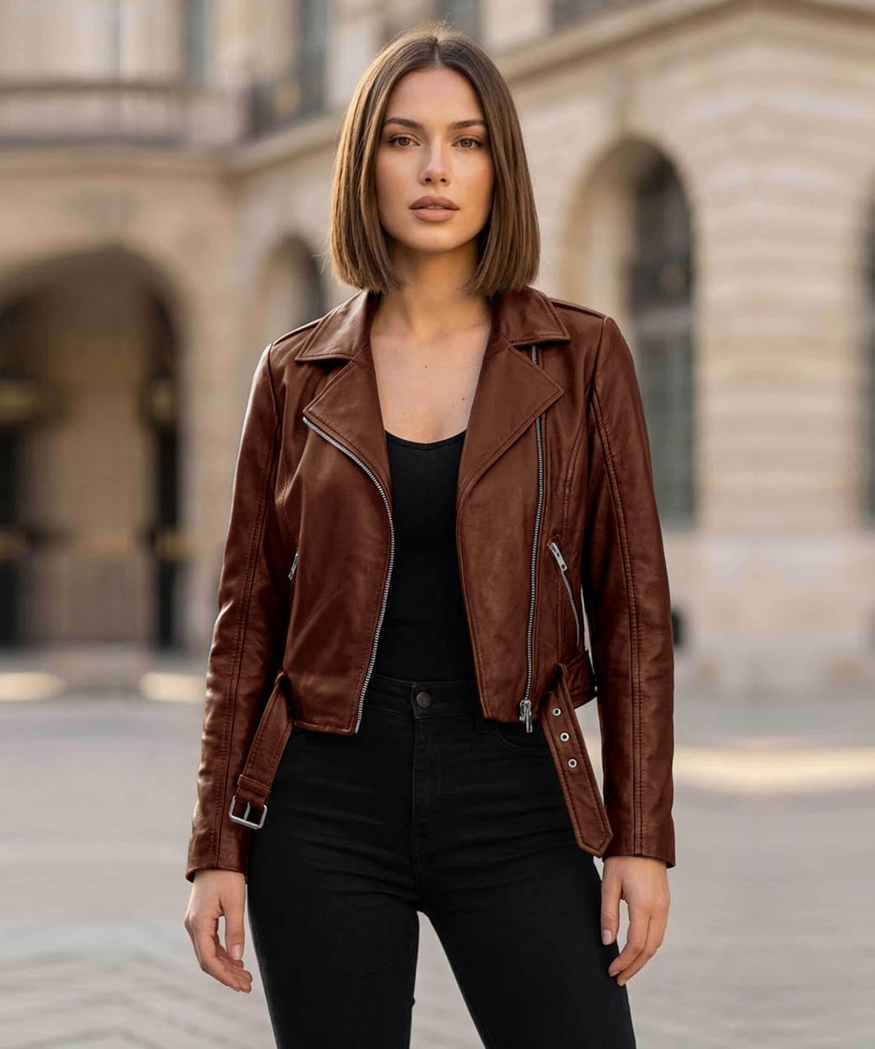 Women's Cropped Leather Jacket - Asymmetric Zip Up Biker Style Short Moto Jackets with Belt