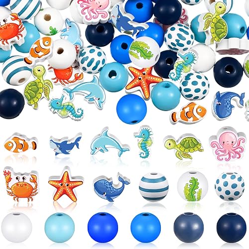 Glenmal 200 Pcs Ocean Beads Turquoise Beach Sea Animal Wood