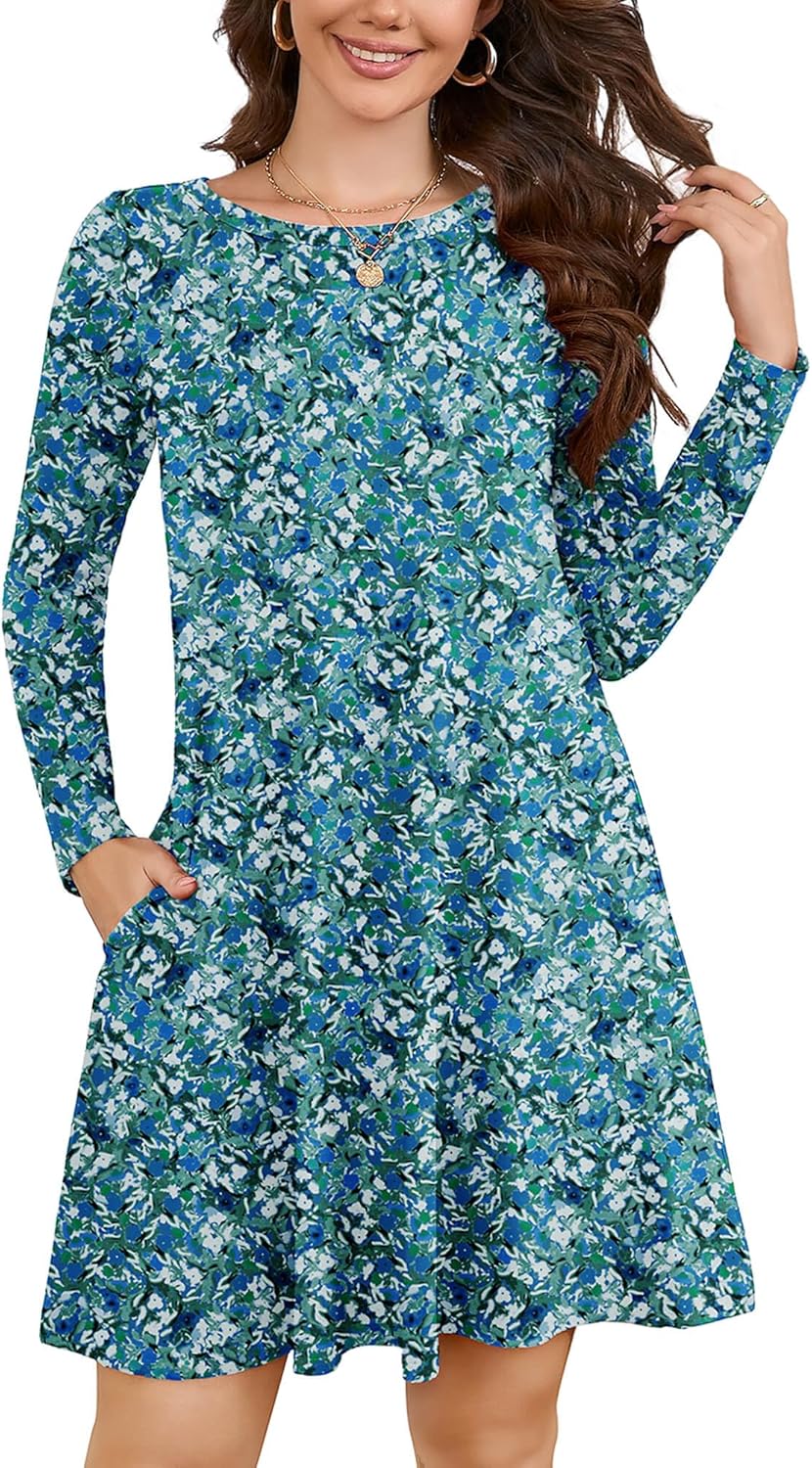 KORSIS Women Long Sleeve Tops T-Shirt Dresses Round Neck Casual A-Line Loose Swing Vocation Fall Winter Dress with Pockets