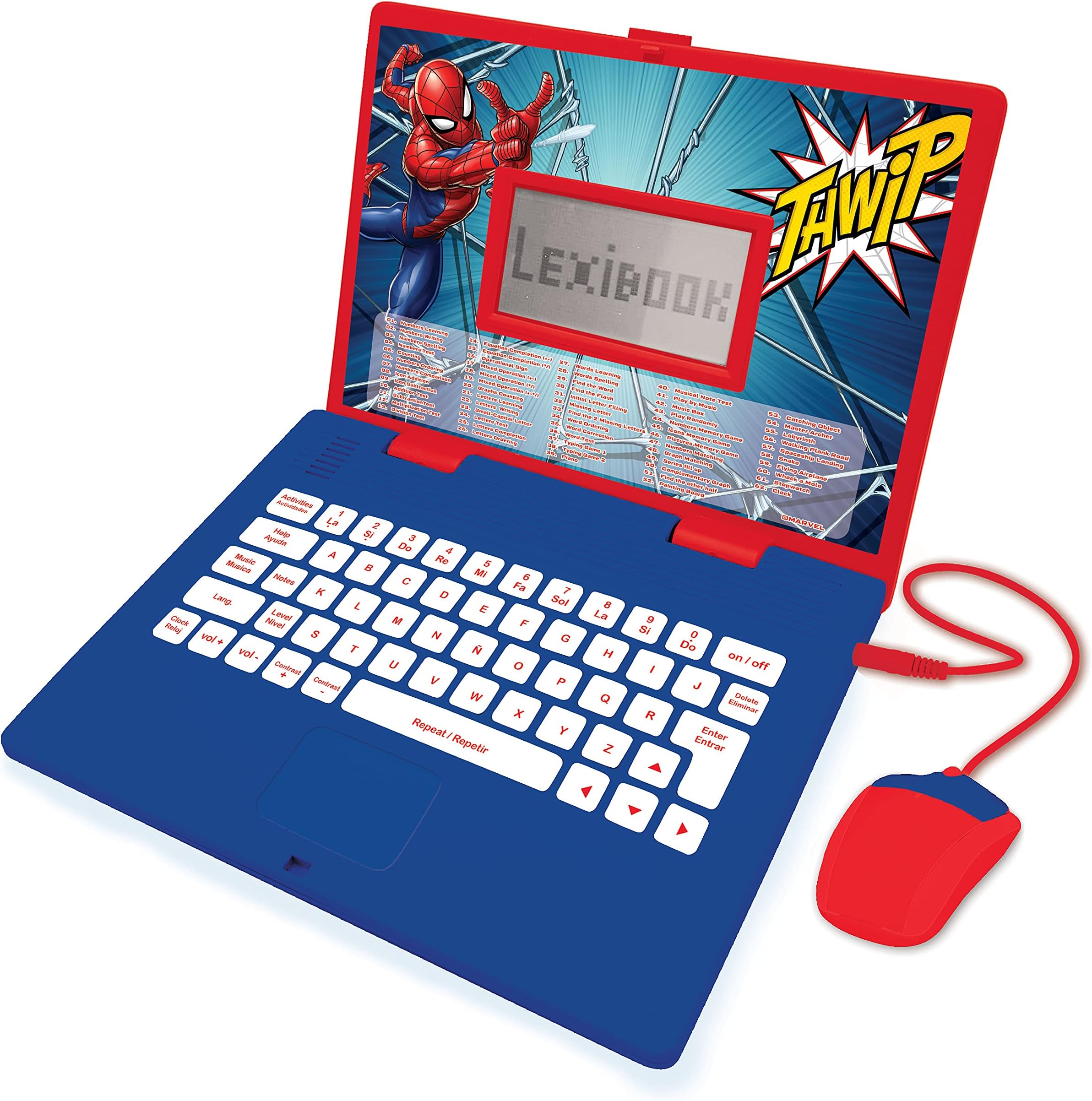 LEXiBOOK Spider-Man - Educational and Bilingual Laptop Spanish/English - Toy for Child Kid (Boys & Girls) 124 Activities, Learn Play Games and Music with Spiderman - Red/Blue JC598SPi2