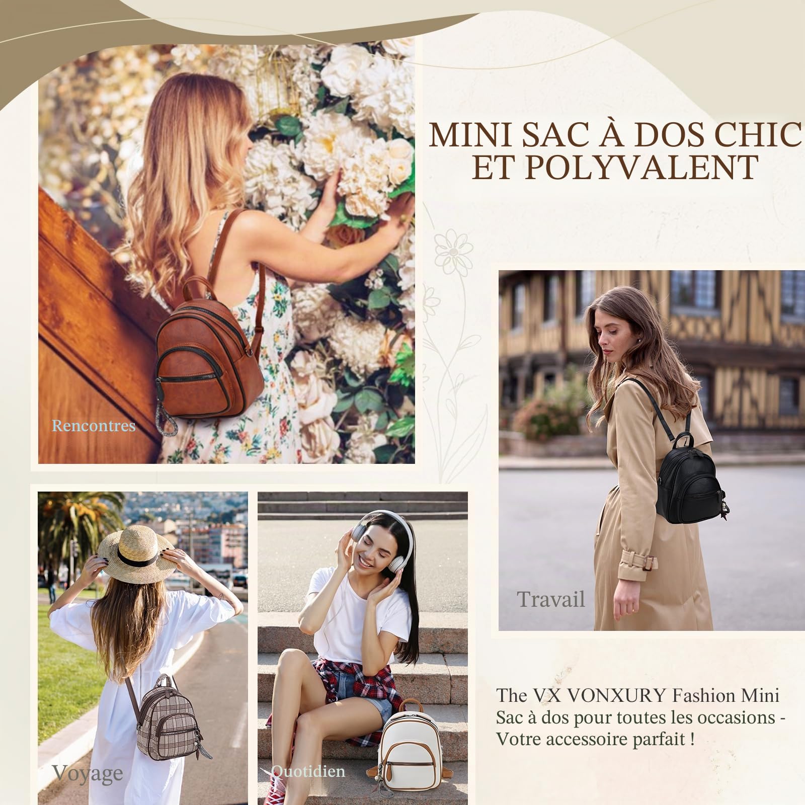 VX VONXURY Mini Sac à Dos Femme Sac à Dos Cuir Femme avec Bandoulière Amovible Petit Sac à Dos Femme pour Casuels