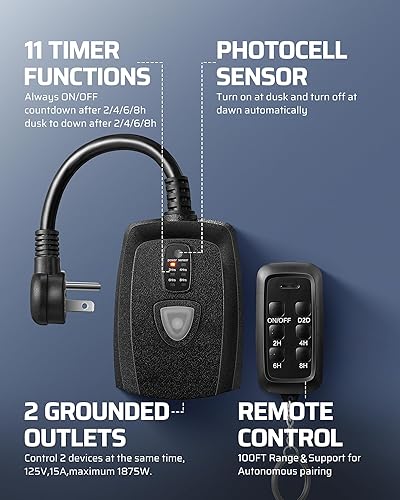 Miniatura 26 de DEWENWILS Temporizador de exterior para luces, temporizador de salida impermeable con 2 tomas de corriente a tierra, 15 A 1/2 HP, certificación UL
