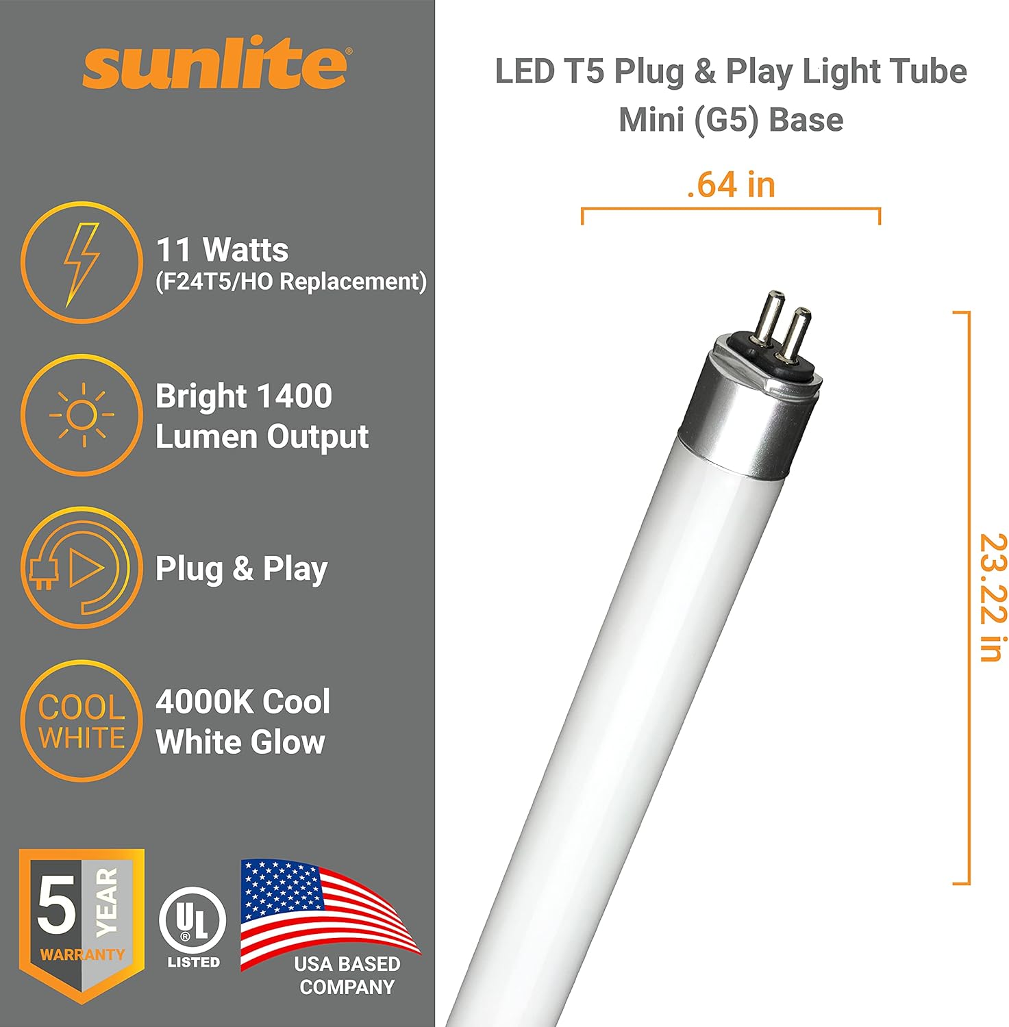 Sunlite 40810 LED T5 Plug & Play Light Tube (Type A) 2 Foot, 11W (F24T5/HO Equal) 1400 Lm, G5 Bi-Pin Mini Base, Dual End Connection, Ballast Compatible, Frosted, UL Listed, 4000K Cool White, 10 Pack