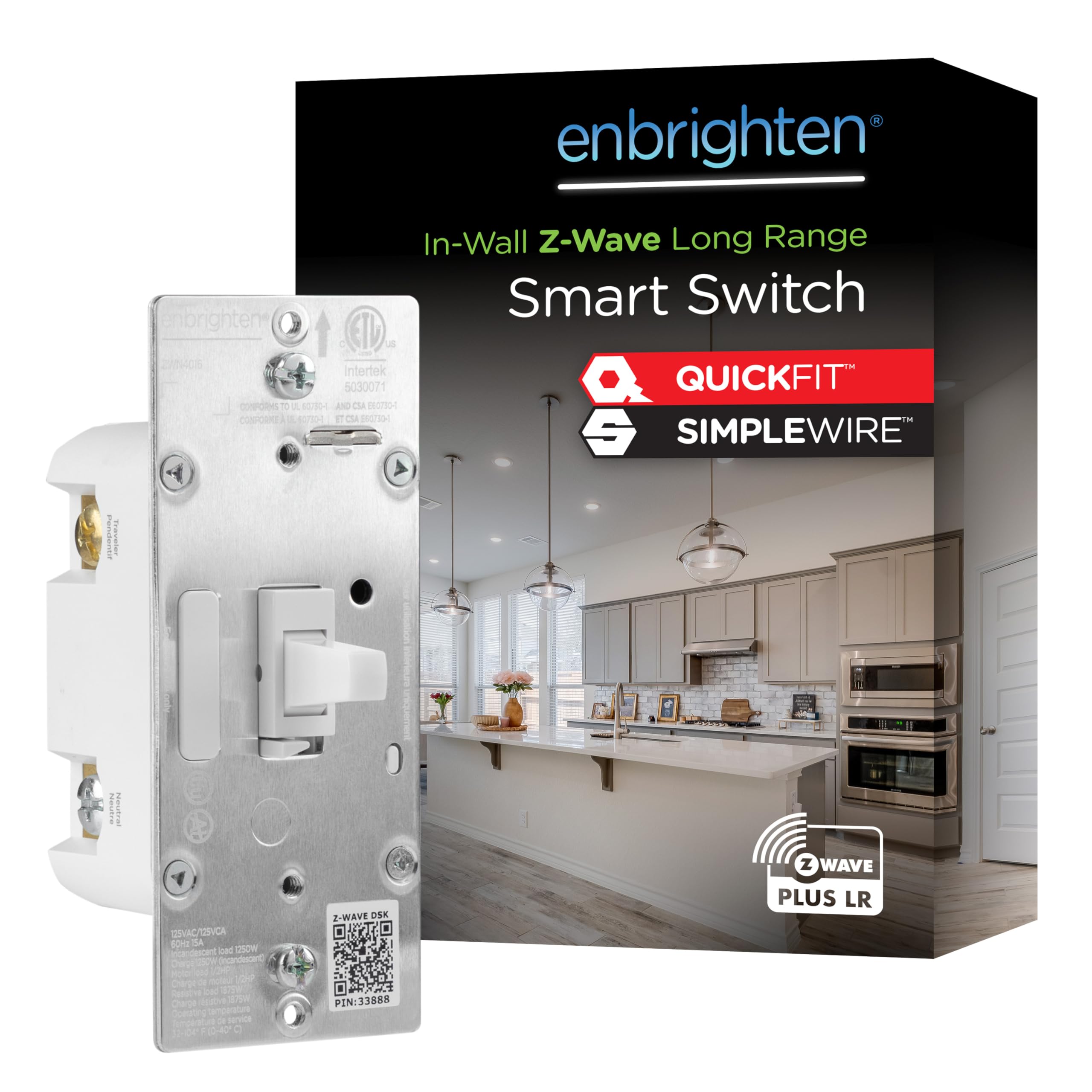 Enbrighten 800 Series Z-Wave On/Off Toggle Switch, Long Range 800LR, Quick Fit, Simple Wire, Direct 3-Way (No Add-On Switch Needed), Smart Hub Required, Compatible with Alexa, Google Home, 76592