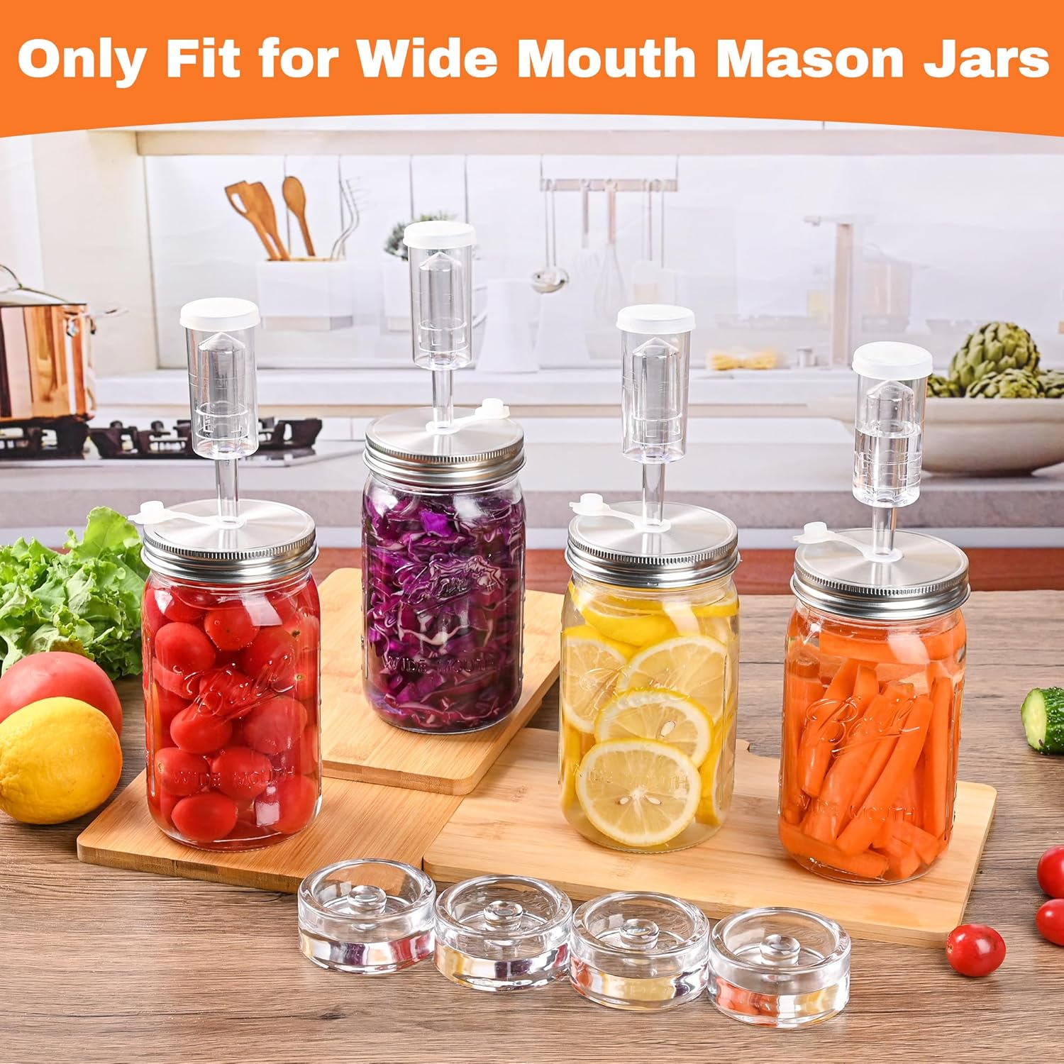 Fermentation Kit Set for Wide Mouth Mason Jar,Sauerkraut/Pickling Kit with 4 Glass Fermentation Weights,4 Fermenting Lids,4 Airlocks,5 Silicone Gaskets,5 Silicone Grommets(No Jars) - Image 2