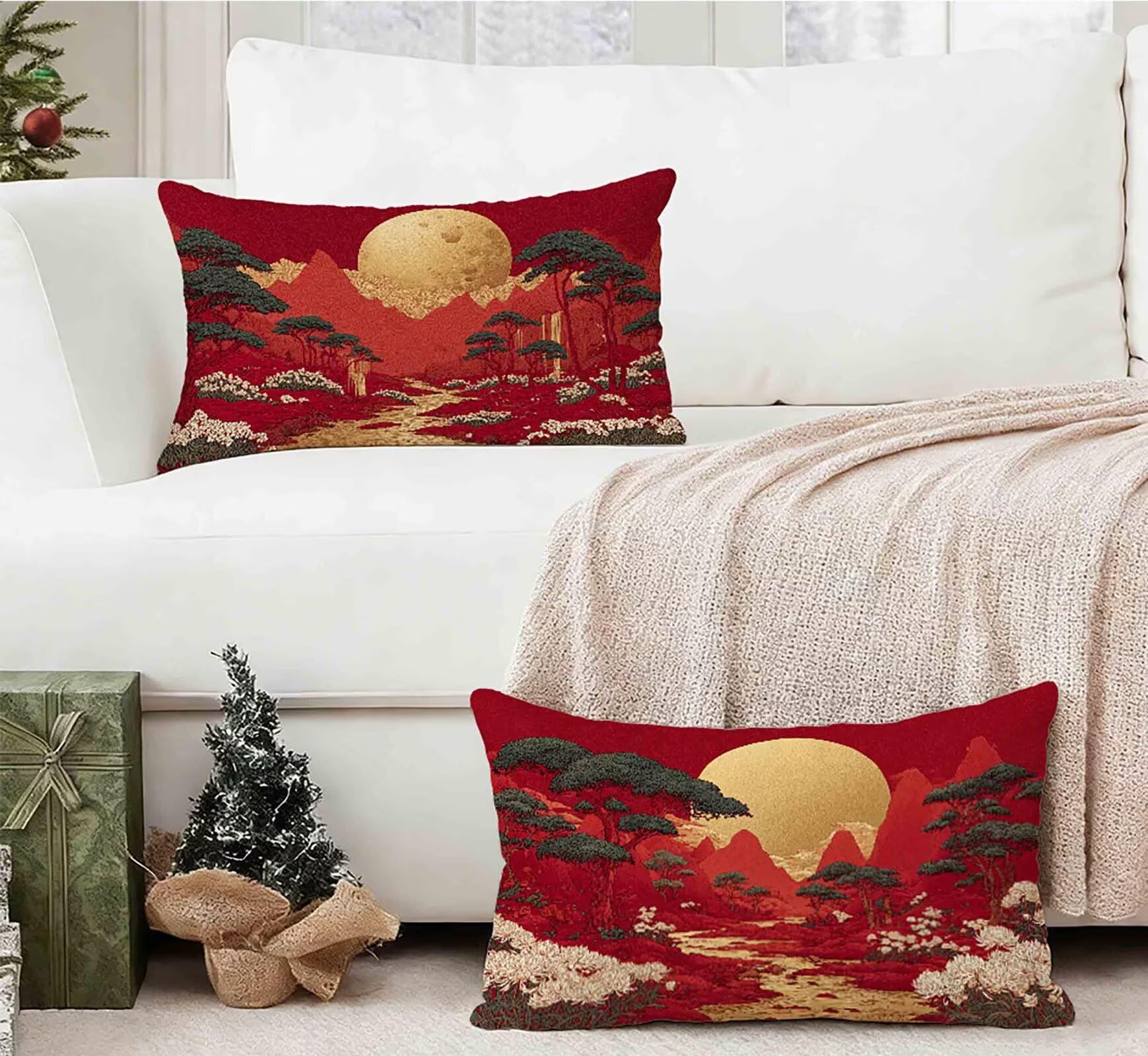 Kissenbezug Rot Kissenbezug 50x80 cm 2er Set, Kopfkissen Mond Kopfkissenbezug Wasserdicht Leinen Design Kissenbezüge Herbstdeko mit Verstecktem Reißverschluss für Zimmer Deko Schlafzimmer -lsy250125K