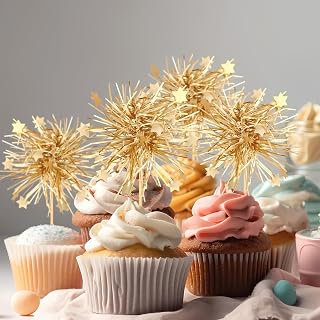 10Pcs Foil Firework Cupcake Toppers Happy Birthday Cake Toppers Sparkle Flower Drink Stirrers Cocktail Food Fruit Toothpicks for Valentine's Day Party Supplies Gold