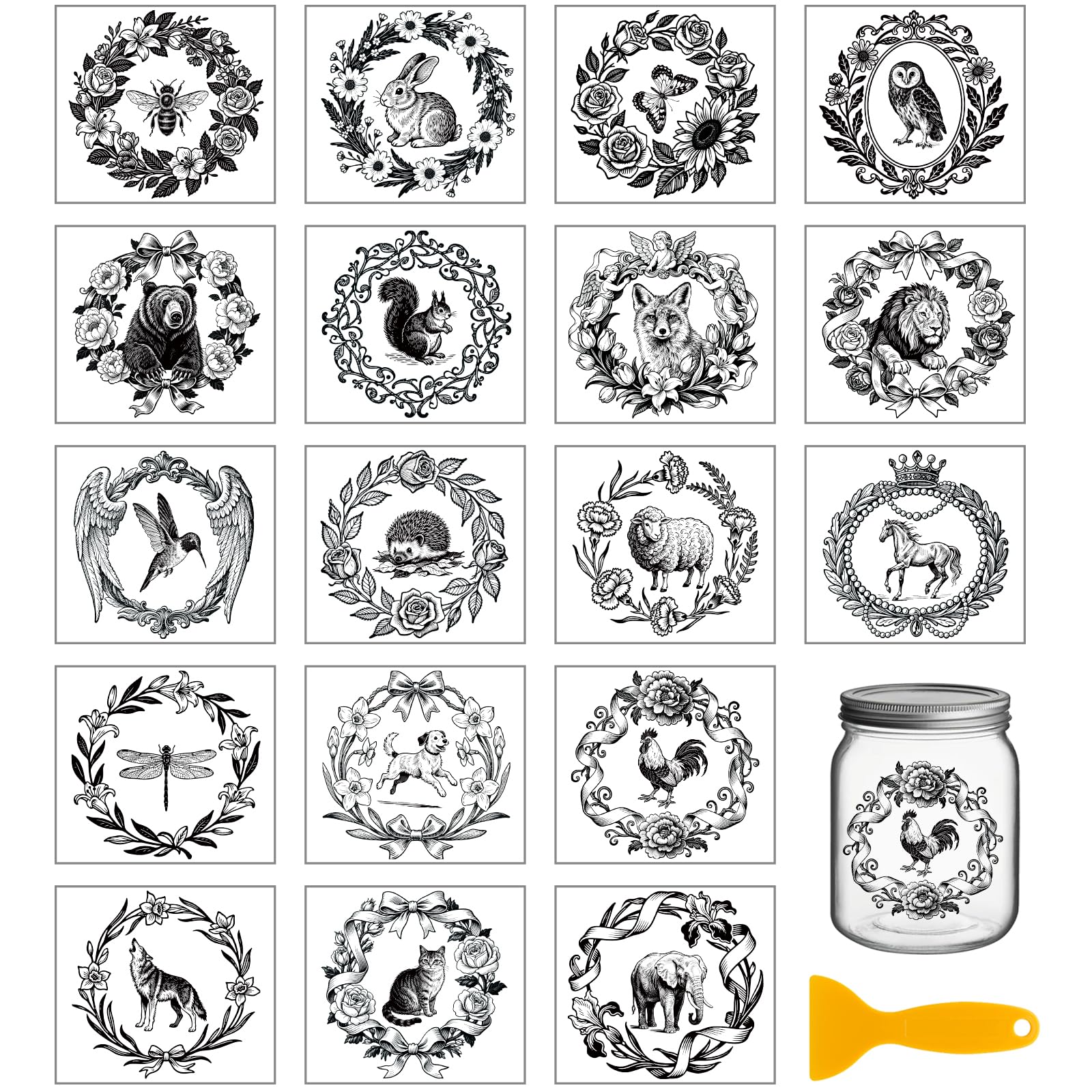 GLOBLELAND 18 Sheets Black and White Wreath Animals Transfer Stickers 3.9x3.6inch Rabbit Butterfly Rub on Transfer Stickers Decal for Furniture Vase Glass Mason Jar Decorations Art Crafts โ image 1