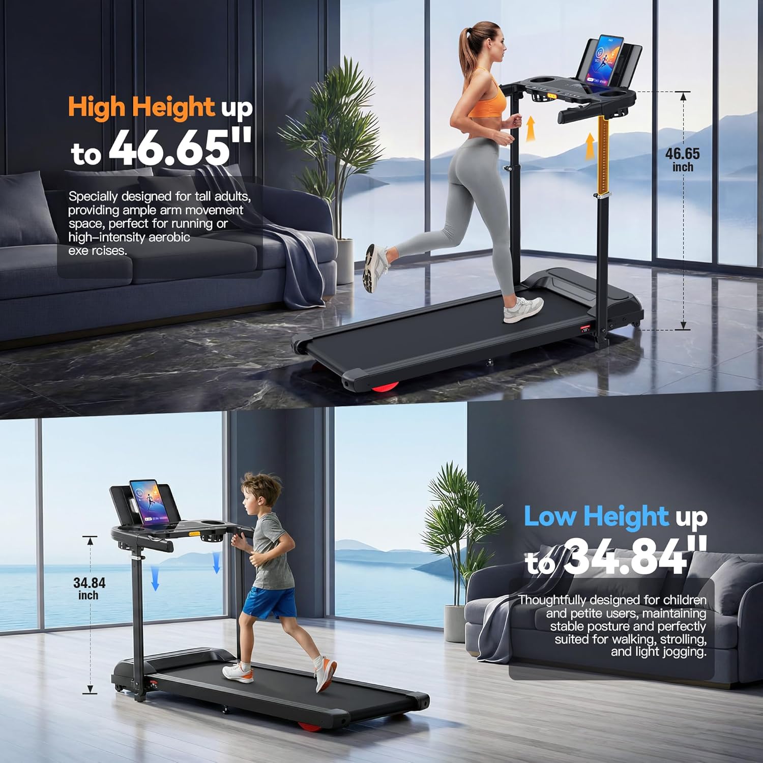 Treadmill with Desk Workstation & Adjustable Height, 450 lbs Weight Capacity, Folding Incline Treadmill with Handle Bar, Portable Ultra-Quiet 3.5HP Walking Pad Treadmill with Desktop for Home Office