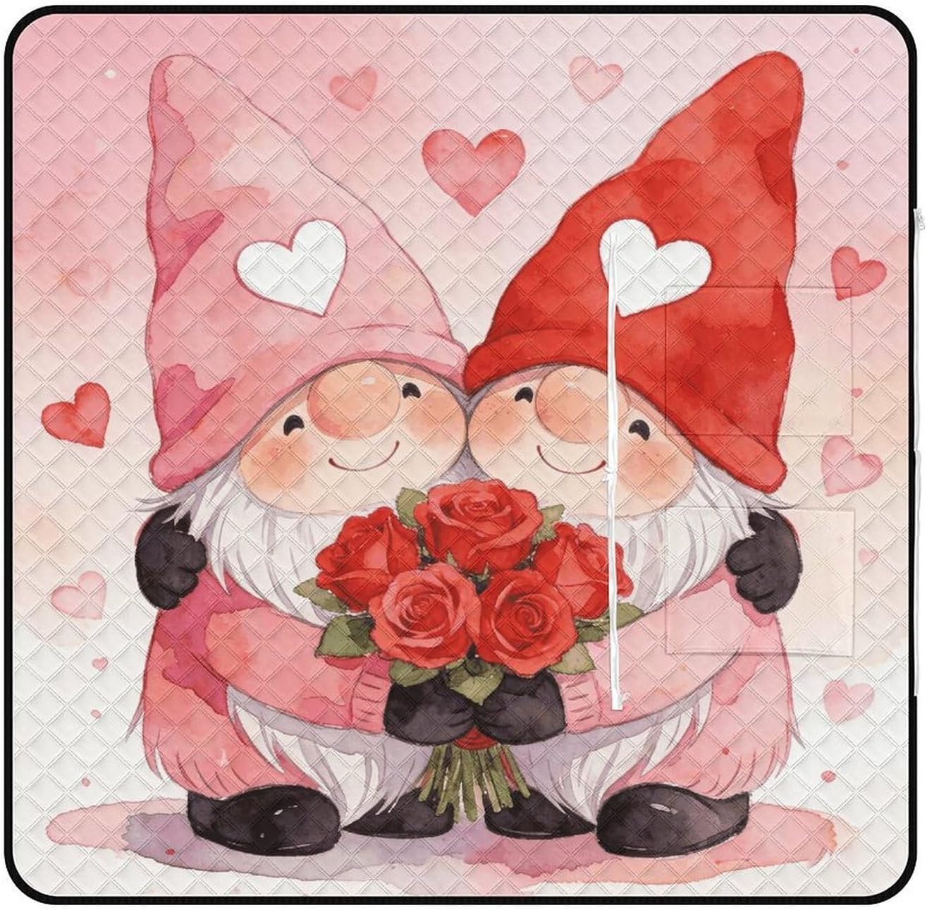 Valentines Gnomes Picnic Blanket with Zipper Water Resistant Sand Free Picnic Mat Washable Foldable Easy Carry Beach Blanket for Lawn Beach Hiking Camping